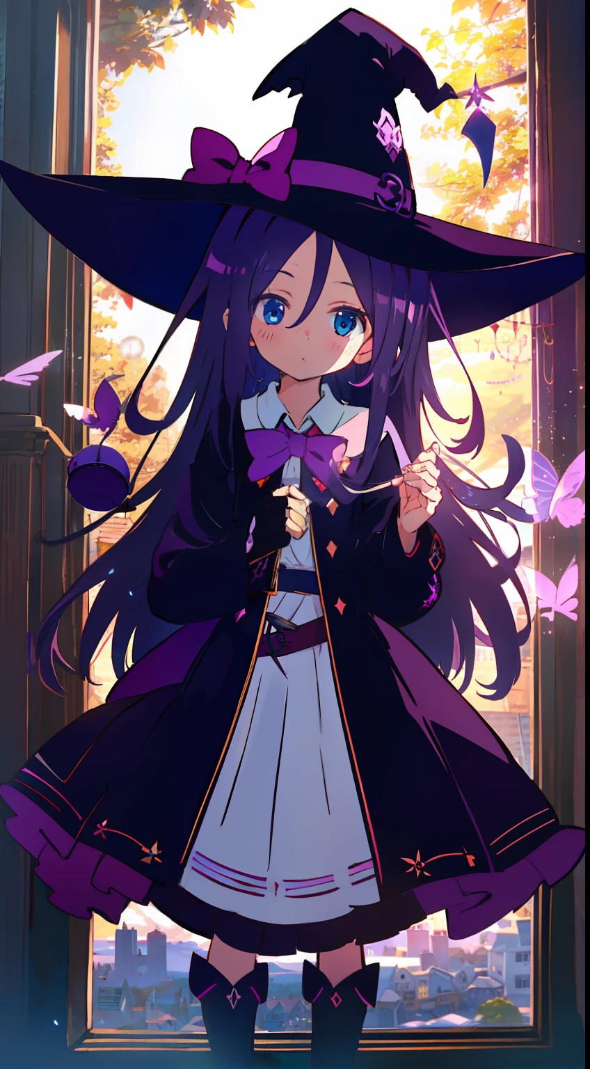 One girl、Purple hair、light blue eyes、the witch、witch outfit、witch's hat、natta、On top of the tower、masterpiece、top-quality、Top image quality、cute little、Long、Fluttering hair、magia