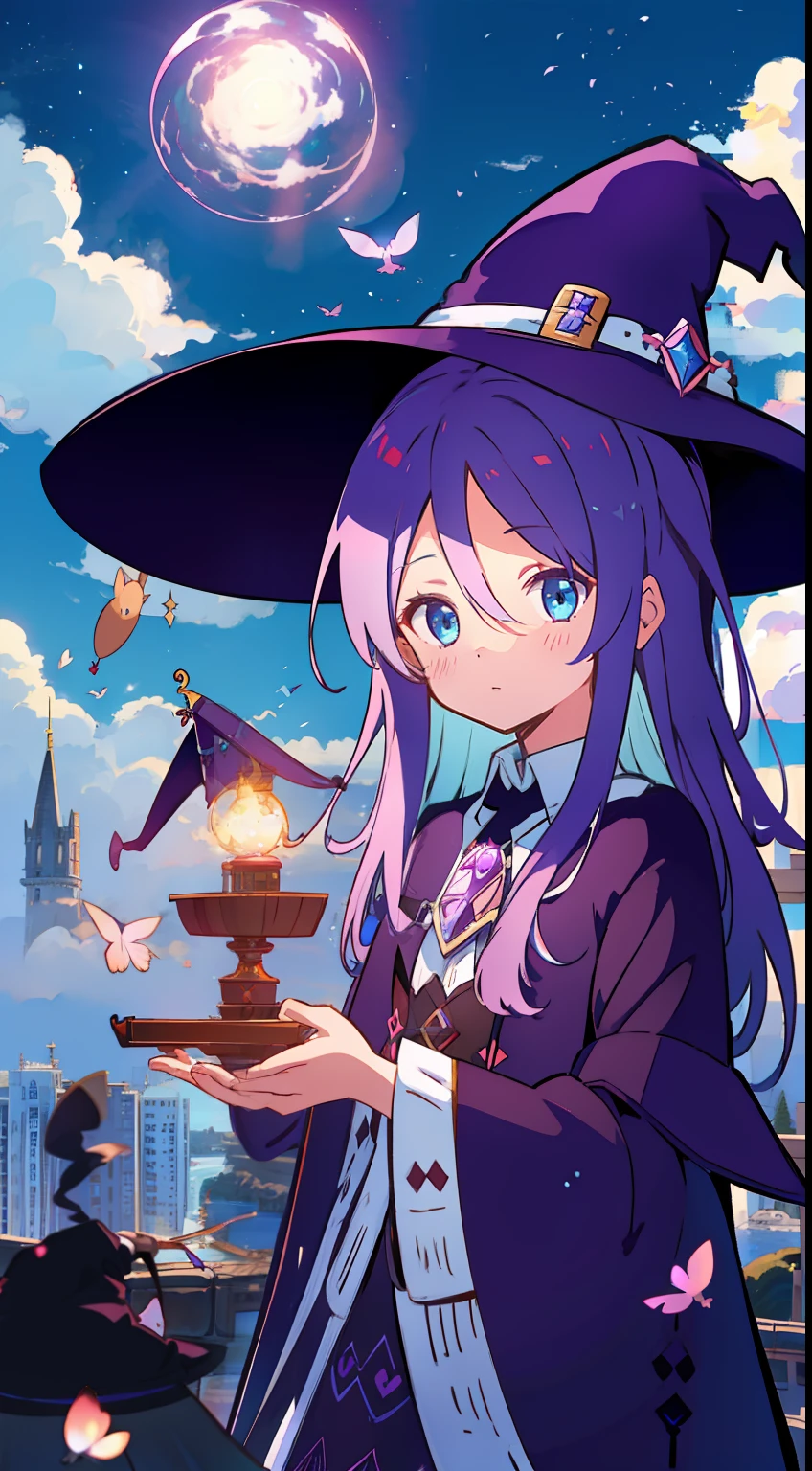 One girl、Purple hair、light blue eyes、the witch、witch outfit、witch's hat、natta、On top of the tower、masterpiece、top-quality、Top image quality、cute little、Long、Fluttering hair、magia