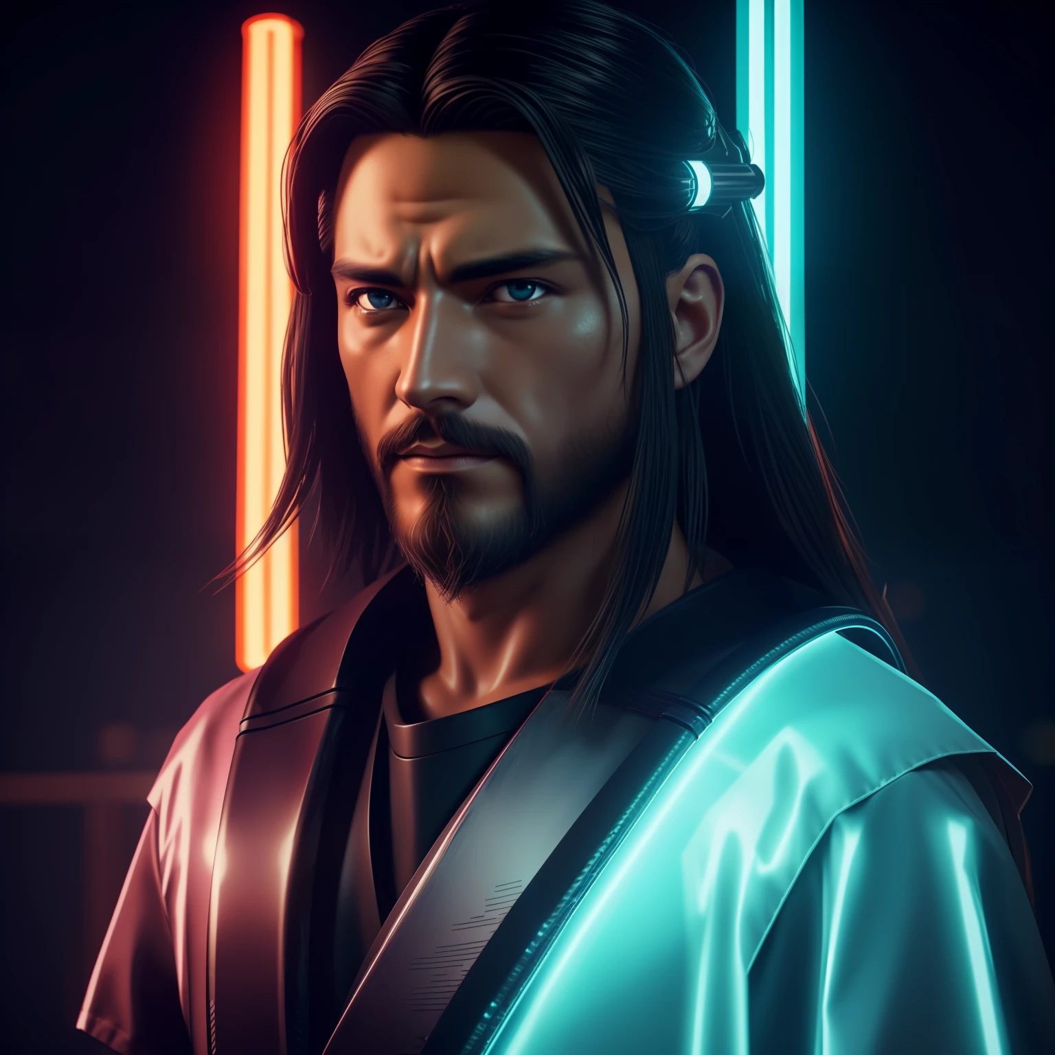 (((jesus christ))), close up, futuristic outfit, neon samurai, very handsome cyberpunk samurai, cyberpunk samurai, ghost blade style, cyberpunk style, cyberpunk neon style, video game character, synthwave image, cyberpunk, concept art neon glow, moon, lantern, night, solo, outdoor, sky, full moon, rain, mountain, cloud, paper lantern, night sky, reflection,, {{(masterpiece),(extremely detailed CG unity 8k wallpaper), (side boobs), best quality,solo,cinematic lighting,detailed background,beautiful detailed eyes,bright pupils,(an extremely delicate and beautiful),(beautiful and detailed eye description),ultra-detailed,masterpiece,}}, detailed eyes, beautiful eyes, realistic eyes, beautiful eyes, perfect eyes, rear view, (Anamorphic rays, ramen shop), glow, depth of field