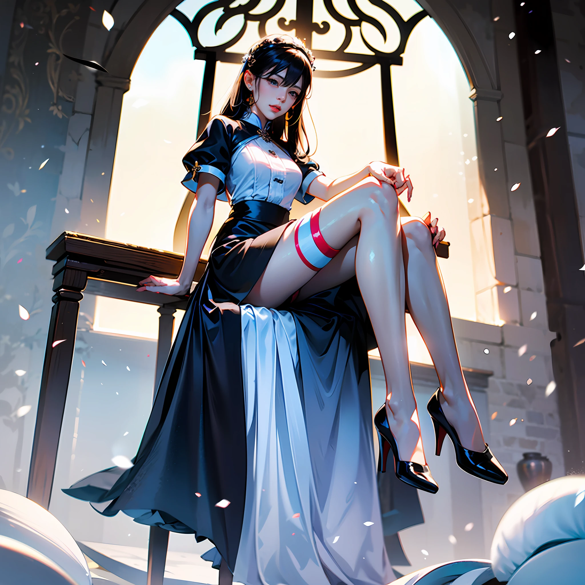 A beautiful woman in white short sleeves sits on a chair,She took off her black stockings!One of the stockings was taken off by a beautiful woman,She held it tightly in her hand,Look down along the slender, Straight legs,A pair of perfect jade feet appeared in front of him,Snow-white beautiful feet,Pearl toes wriggle playfully,The forefoot is slightly cocked,Step on white canvas shoes,The arch of the foot is bent - the stockings on the other leg are being removed,The root of the black stockings was grabbed by her thousand jade hands。,Already to the knee position。Above Knees, The skin of the snow-white thighs can be imagined just by looking at it。At the knees are slender calves wrapped in black stockings and more attractive jade feet,Playful feet twisting slightly in translucent black stockings