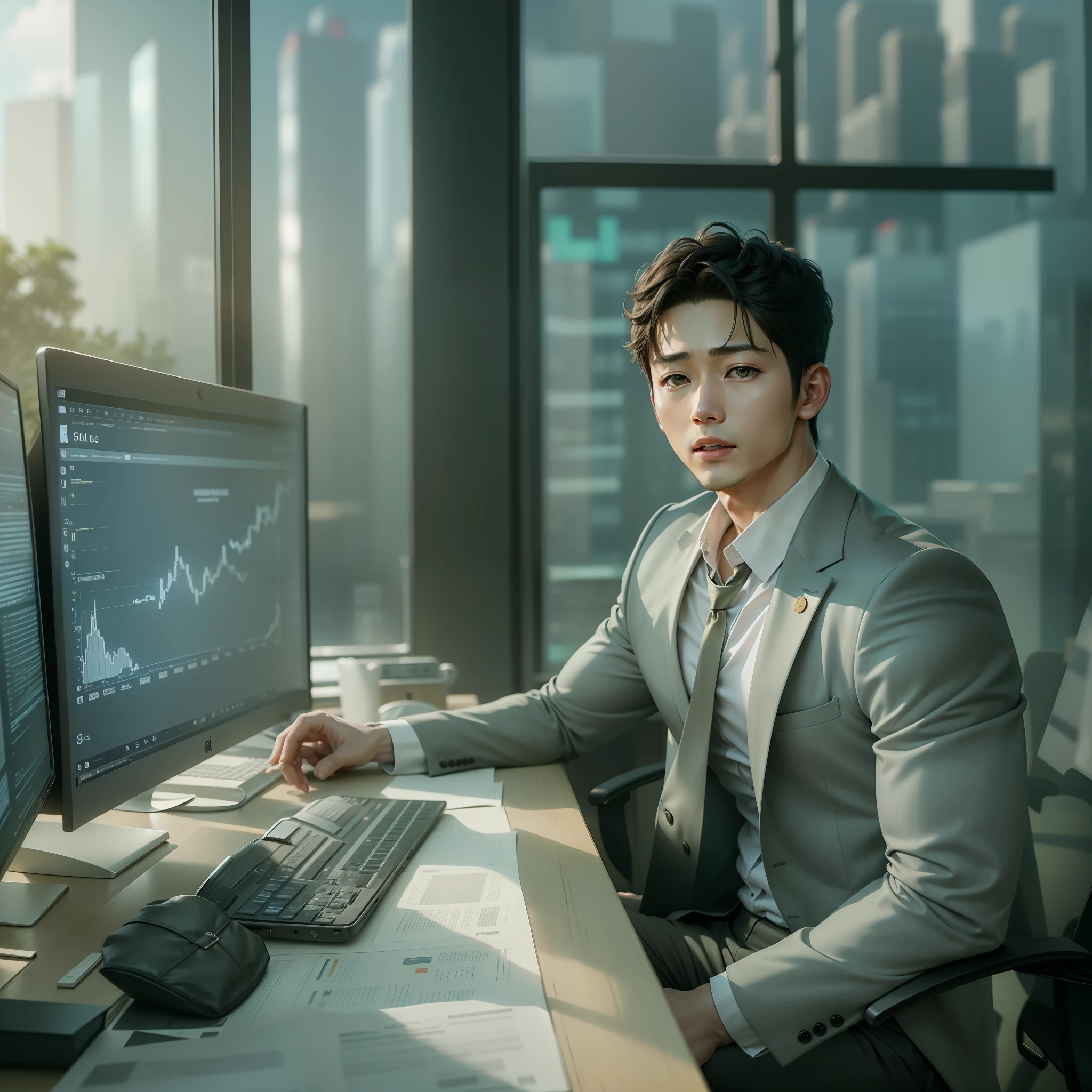 an office table with a computer, On the computer screen, showing financial charts, ((Korean actor Song Joong-ki in business clothes and cleavage)), (Vicenzo costumne), In the background, an all-glass wall showing the surrounding buildings, (best quality) (4k definition), realistic, lots of detail,