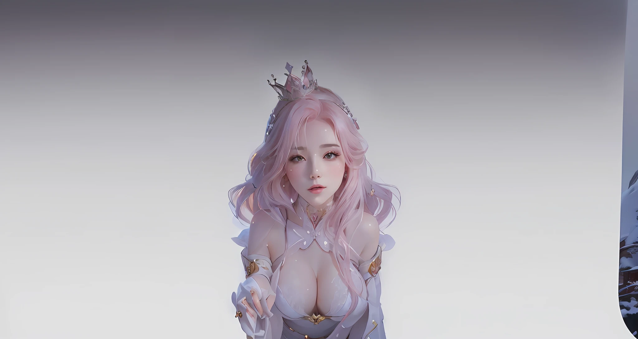 there is a pretty woman with pink hair and a crown on her head, wearing a skimpy white outfit showing cleavage, in front of a pale pink themed bedroom, a beautiful fantasy empress, princess, ((a beautiful fantasy empress)), royal elegant pose, glossy skin, pale snow white skin, princess portrait, artificial intelligence princess