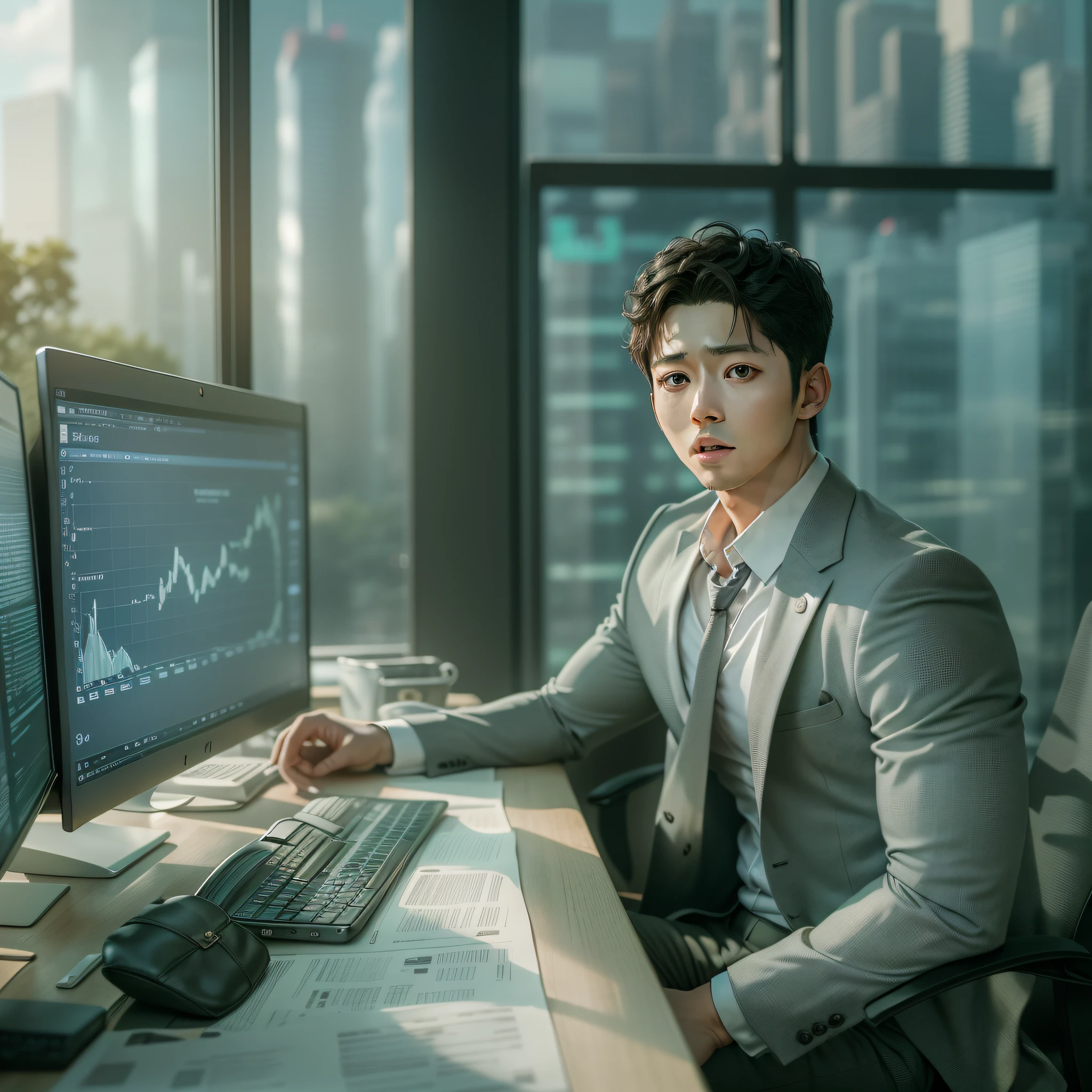 an office table with a computer, On the computer screen, showing financial charts, ((Korean actor Song Joong-ki in business clothes and cleavage)), (Vicenzo costumne), In the background, an all-glass wall showing the surrounding buildings, (best quality) (4k definition), realistic, lots of detail,