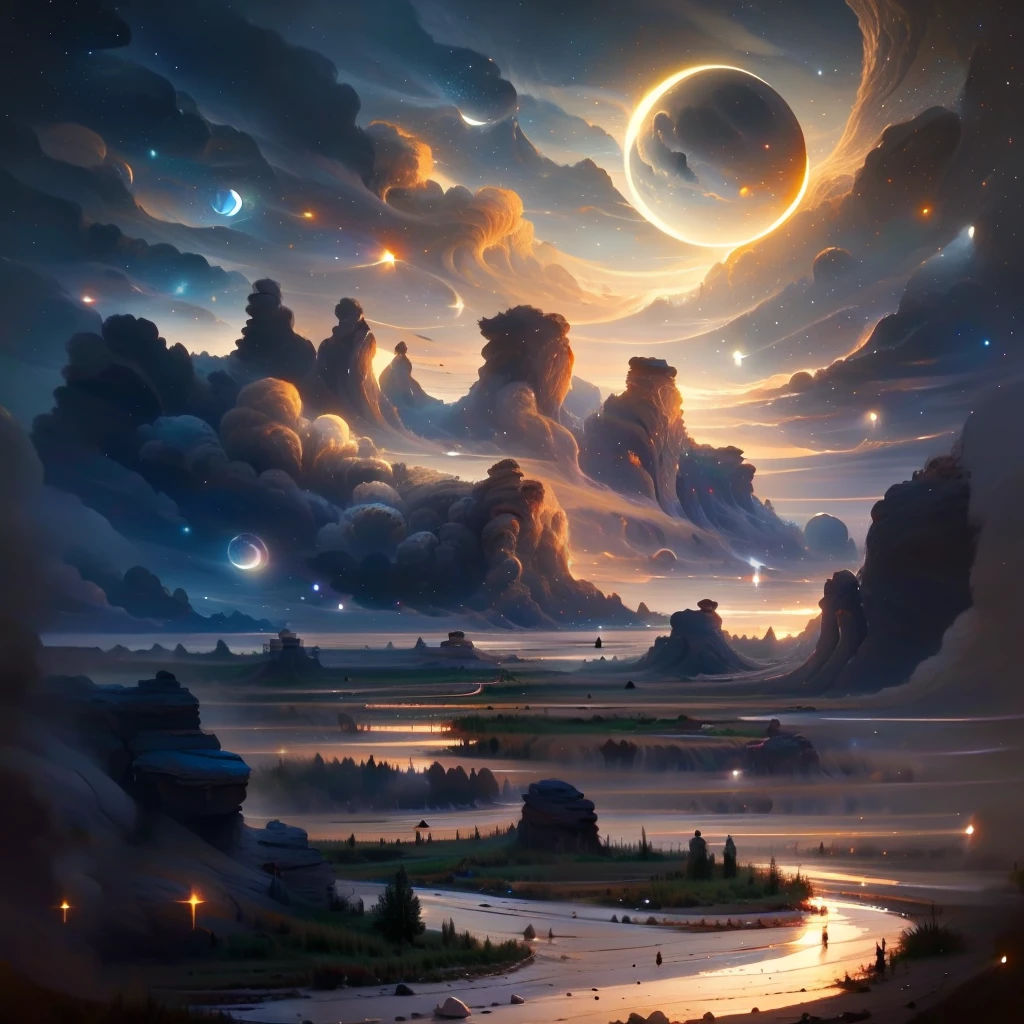 moonlight valley of stones, wisps of wisps, throughout the environment, high definition, high quality, multi colors, 16K, movie poster, high quality, high quality, high definition, pearls and diamonds, sky fulll of stars background
