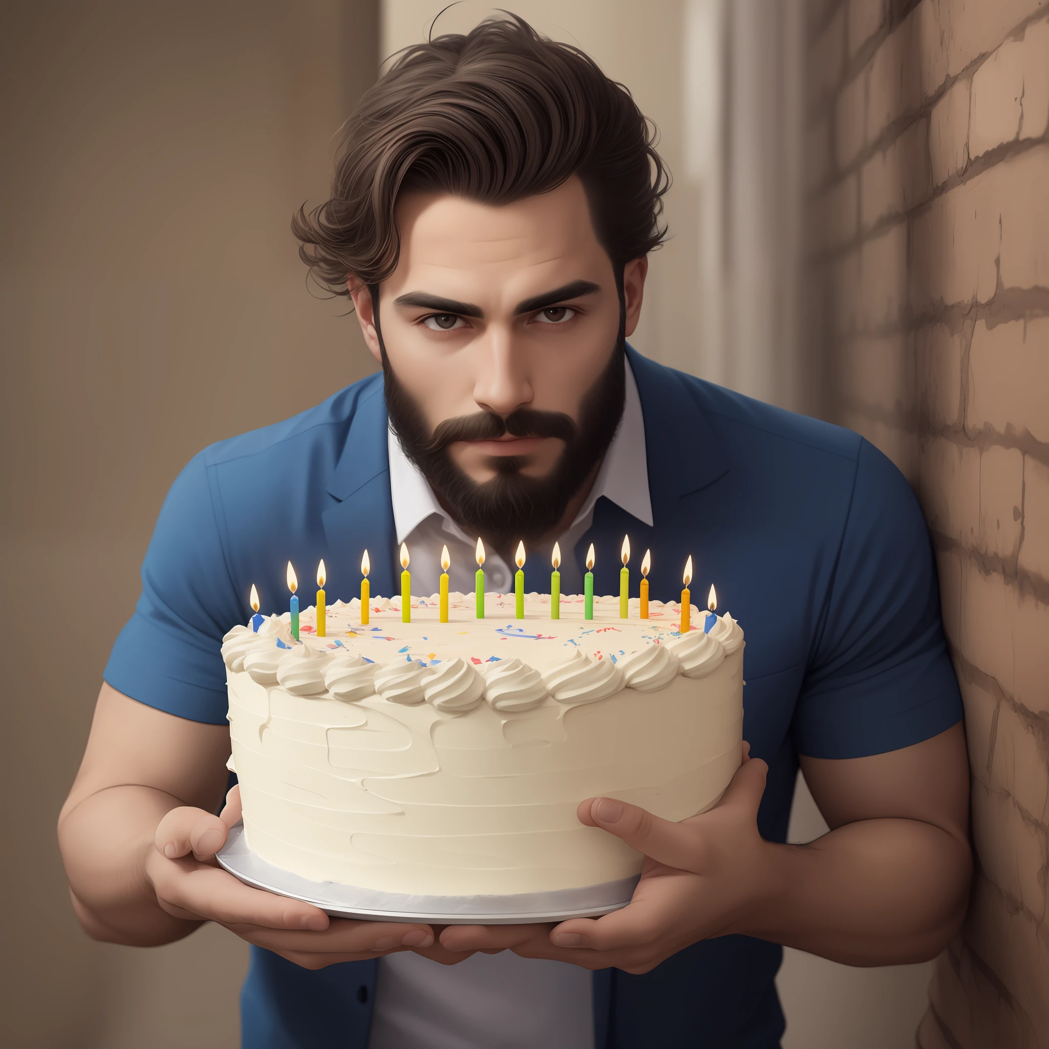 Hombre guapo, barba, with a birthday cake, ultrarealista, imagem realista, imagem real, atraente, Birthday, triste,