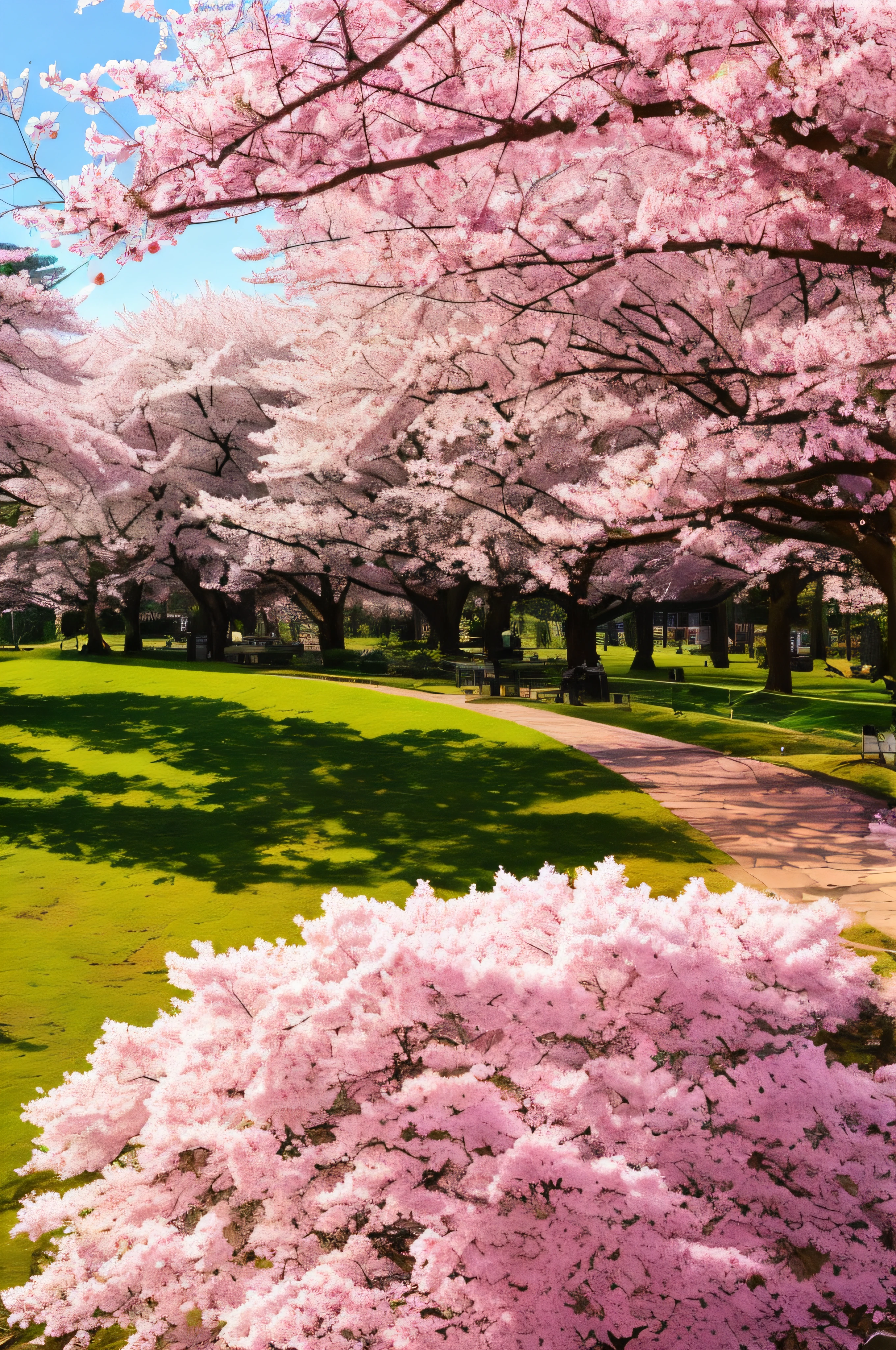 There are a lot of trees in the grass with white flowers, under a cherry blossom tree, cherry blossom forest, The cherry tree, lush sakura trees, sakura trees in the background, lots of sakura flowers, The cherry tree, sakura trees in the background, sakura season, sakura season dynamic lighting, cherry blosom trees, sakura bloomimg, cherry blossoms in the wind, cherry trees