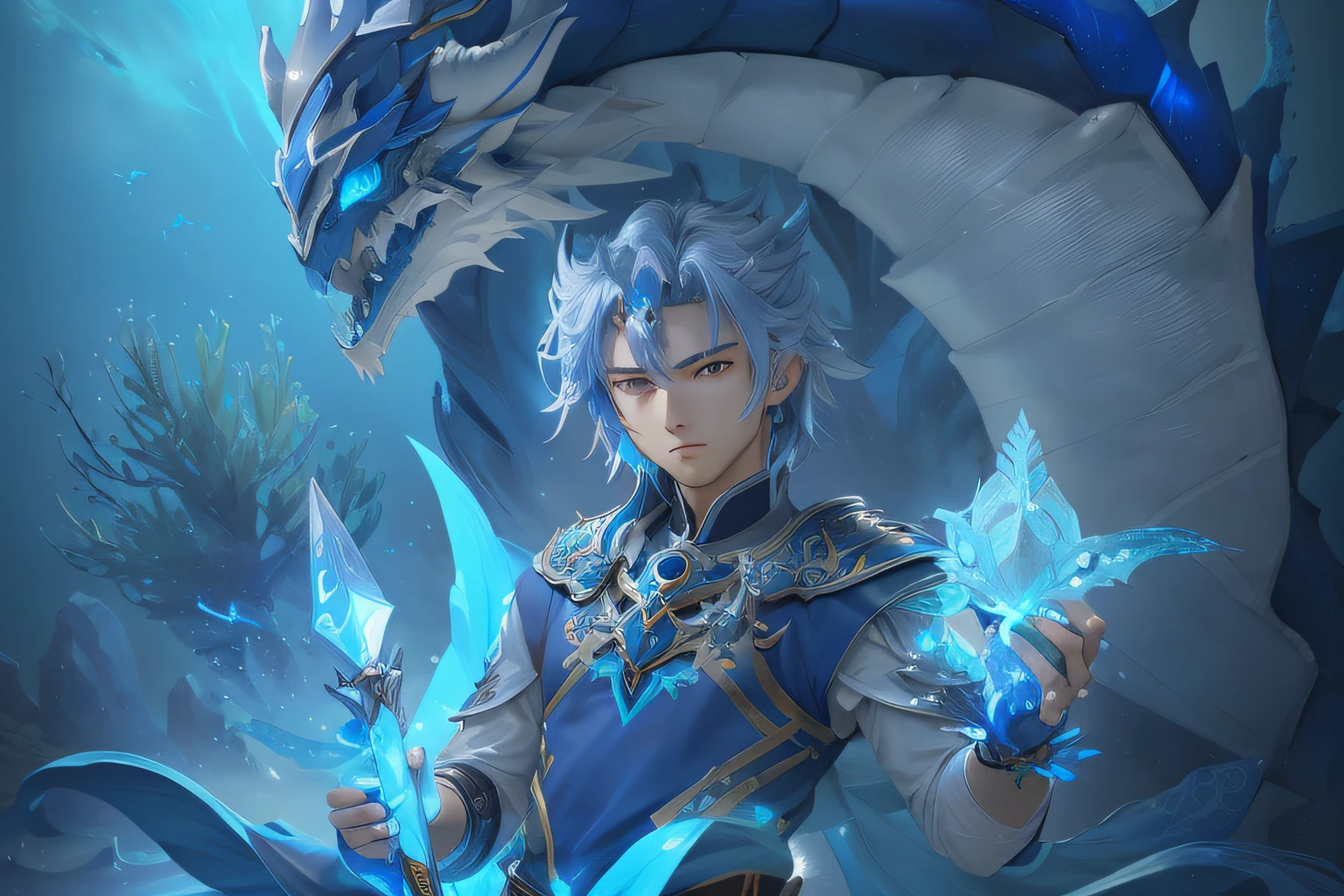 anime character with a dragon and a sword on a blue background, fanart detalhado, Keqing de Genshin Impact, mago de gelo, arte de anime digital detalhada, fanart requintada altamente detalhada, 2. 5 d cgi anime fantasia arte, Mestre do gelo, Arte Oficial, human and dragon fusion, Senhor do Gelo, arte oficial splash, arte oficial altamente detalhada, arte chave do anime