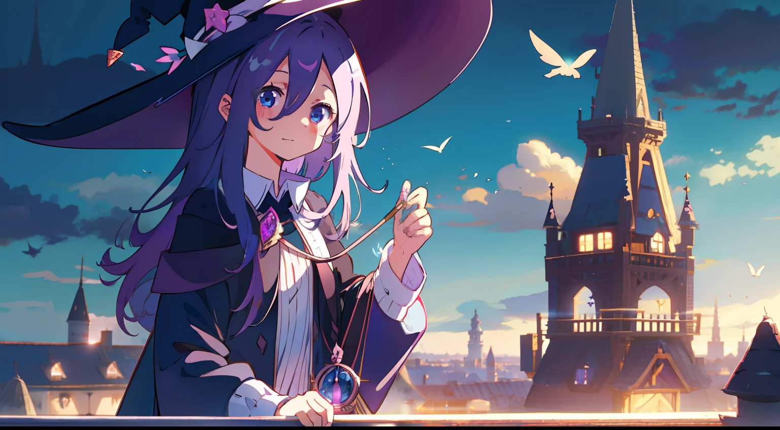 One girl、Purple hair、light blue  eyes、the witch、witch outfit、witch's hat、natta、On top of the tower、​masterpiece、top-quality、Top image quality、cute little、long、Fluttering hair、magia