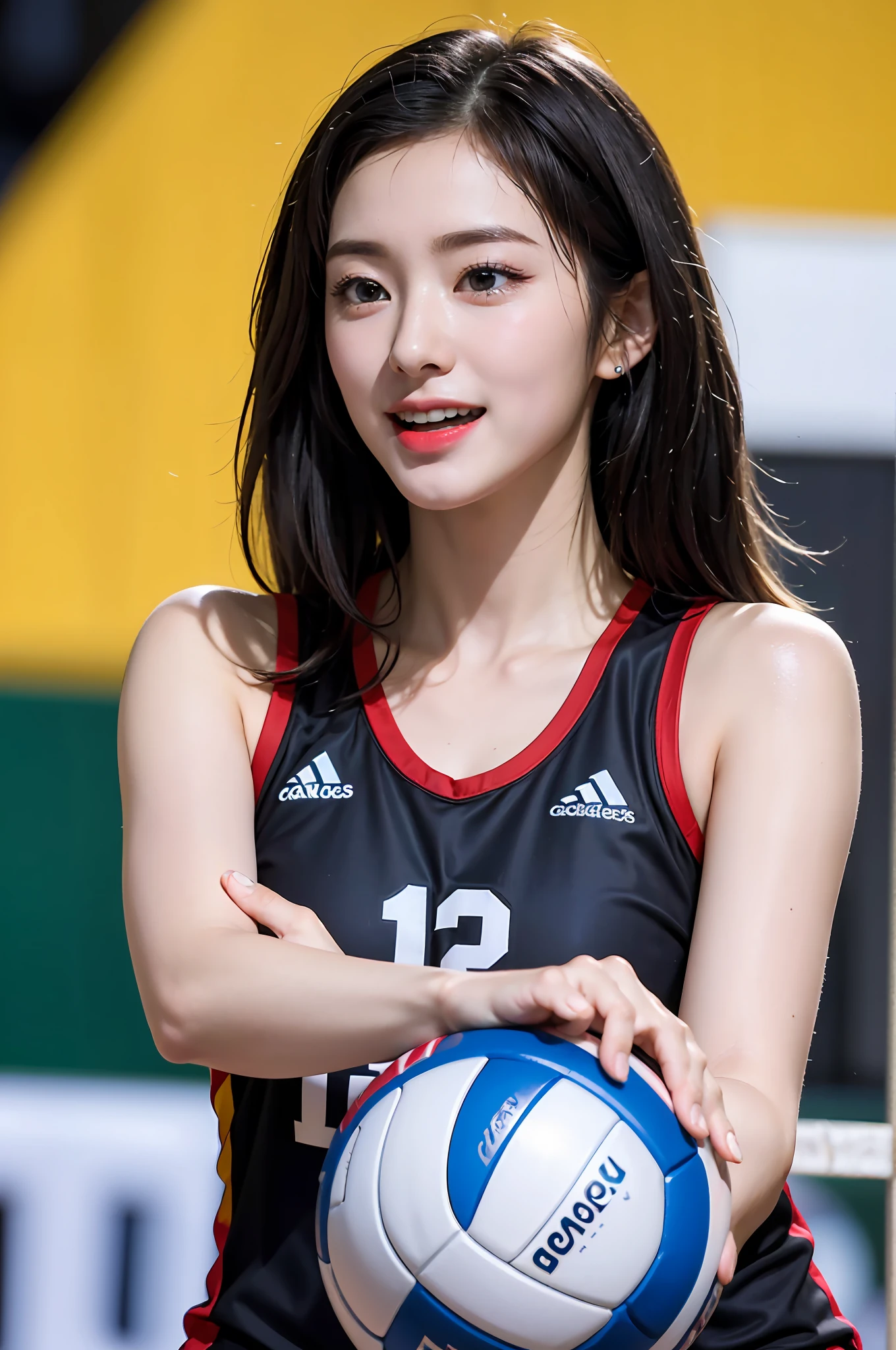 Best quality, masterpiece, ultra high res, (photorealistic: 1.4), highly detailed, professional lighting smile, Stick out the tip of the tongue. Golden-haired black woman playing volleyball, in stadium, tight suit