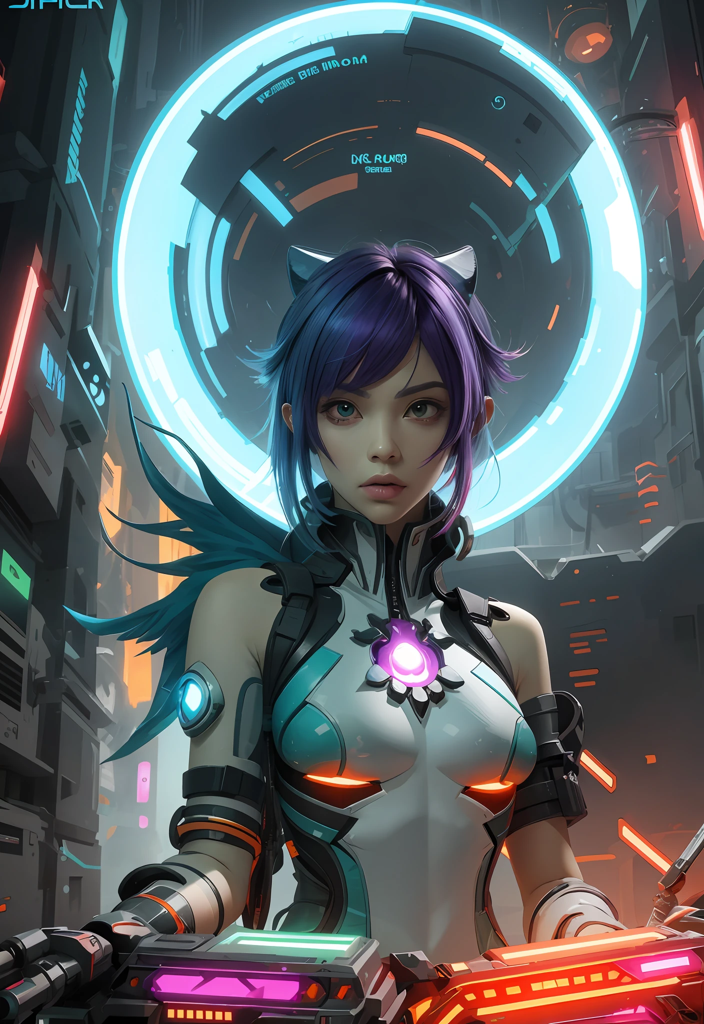 concept art, overhead angle of a Will-o'-the-wisp, wearing Funny Somali Emerald deep orange Pinafore, Caramel hair styled as Short hair, fluorescent purple Hair tie, equirectangular 360, Highres,  [(art by Willi Baumeister:1.1), (art by John T. Biggers:1.2)::17], official art, unity 8k wallpaper, ultra detailed, aesthetic, masterpiece, best quality, photorealistic