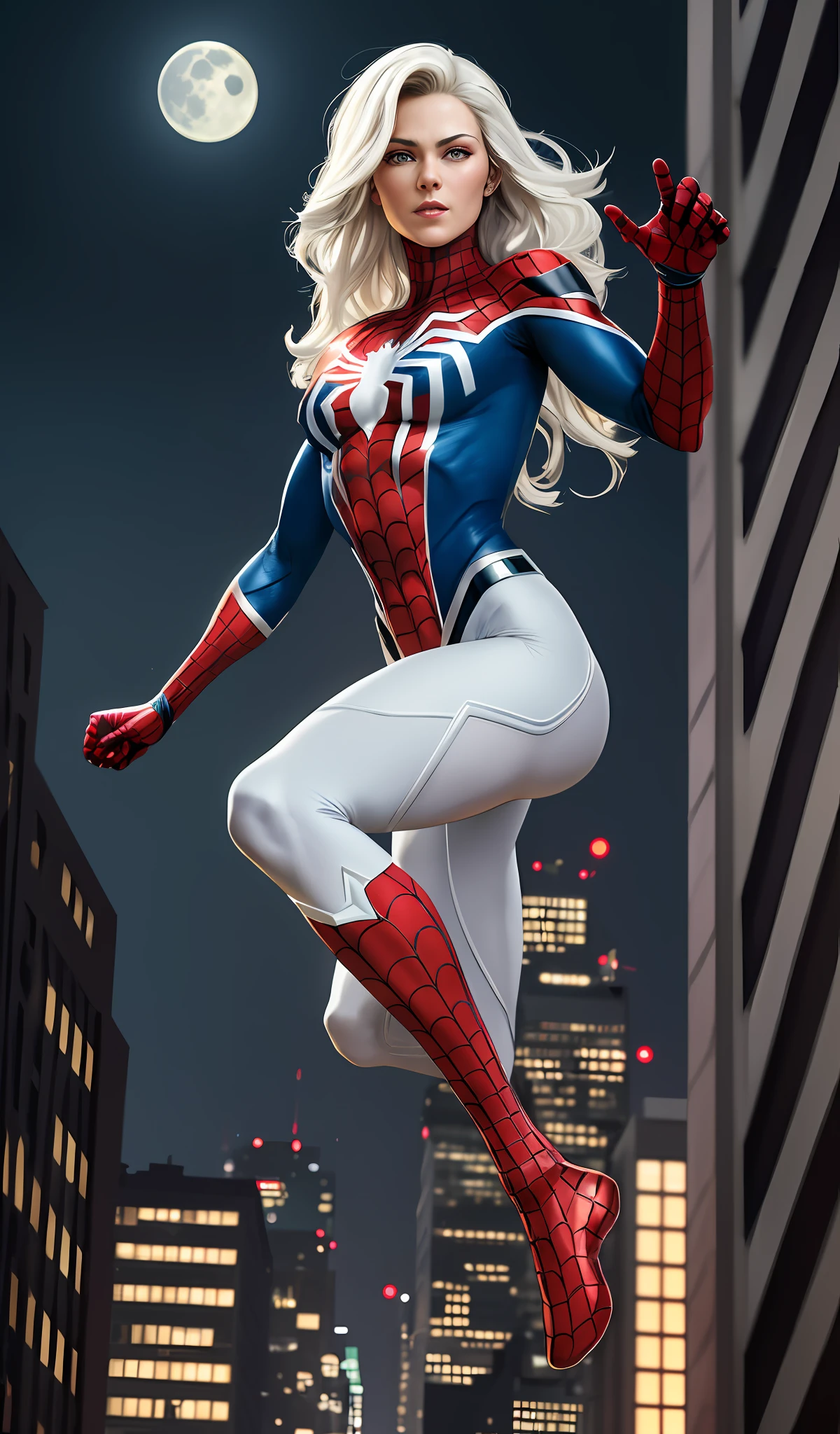 (Masterpiece, 4k resolution, ultra-realistic, very detailed), (White superhero theme, charismatic, there's a girl on top of town, wearing Spider-Man costume, she's a superhero), [ ((25 years), (long white hair:1.2), full body, (blue eyes:1.2), ((Spider-Man pose),show of strength, jumping from one building to another), ((sandy urban environment):0.8)| (cityscape, at night, dynamic lights), (full moon))] # Explanation: The Prompt mainly describes a 4K painting of ultra-high definition, very realistic, very detailed. It shows a superheroine at the top of the city, wearing a Spider-Man costume. The theme in the painting is a white superhero theme, the female protagonist has long white hair, is 25 years old and her entire body is shown in the painting. In terms of portraying the actions of superheroines, spiders are employed