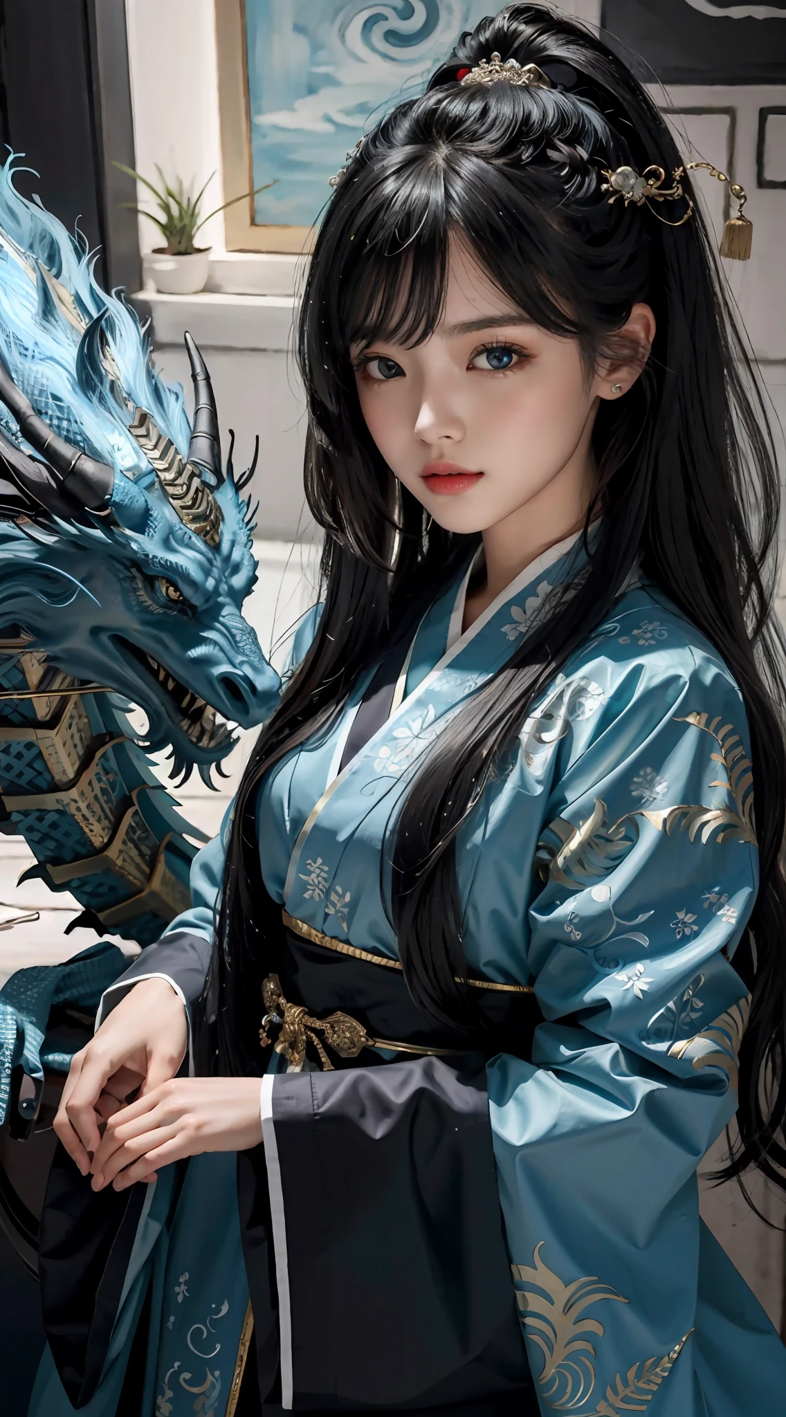 tmasterpiece，best qualtiy，realisticlying，photorealestic，The painting depicts a woman standing next to a dragon。The whole painting uses cute and authentic portraits(styled kawaii realistic portrait)，And has dark blue eyes。Long hair fluttering and cute(cute:2)。The whole painting shows excellent realism and detail(photorreal details)，Light and shadow tracking，Rich in detail，Close-up of a woman in Hanfu，Inspired cloth robes，ChineseGirl，Long flowing black hair，，Hanging ornaments，Chinese fantasy