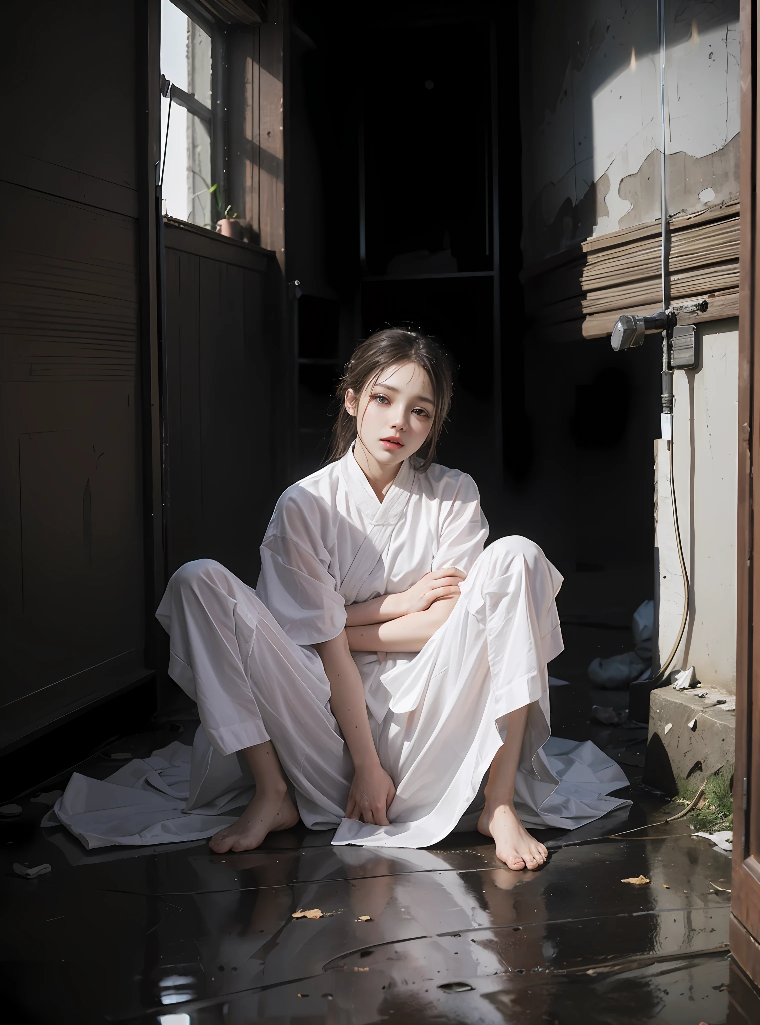 Sitting in the middle of an abandoned 3D rendered men's toilet,Devastated,Broken doors and windows,The ground is a mess,junk,junk,junk,Transparent Hanfu,Cloudy white liquid covering,facing at camera,Exquisite and perfect facial features,Long eyelashes,The eyes are sweet and there are lying silkworms,Delicate and perfect human body structure,s the perfect face,Extreme picture quality,Highest accuracy,Barefoot,Spread your legs,junk,Greasy,Sweat Wet,grimy,standing water,BDSM