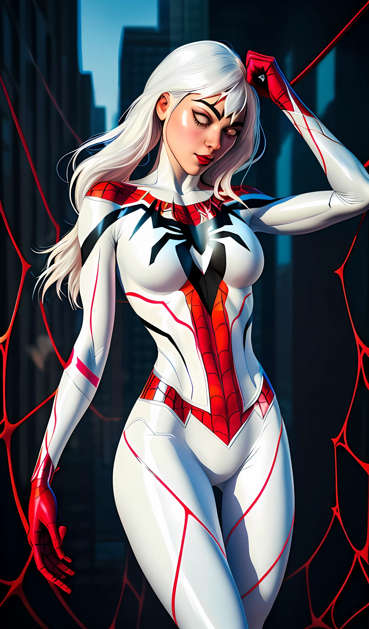spider - woman in white costume with red and black spider - webs, spider gwen, extremely detailed artgerm, highly detailed exquisite fanart, glowing veins of white, cables on her body, white shiny skin, ( ( spiderwoman ) ), spider - gwen, spider-gwen, spider woman, 3 d render character art 8 k, shiny white skin