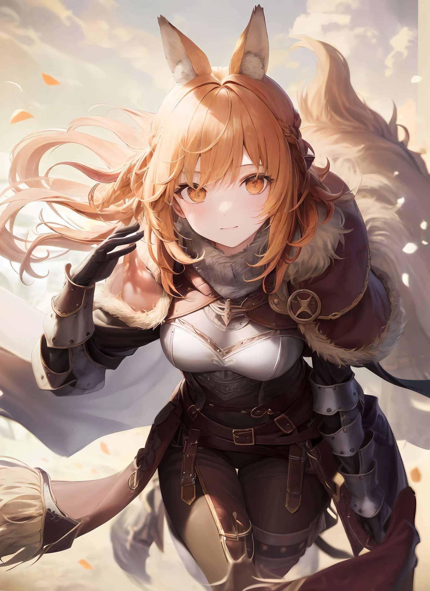 1girll,fur armour,Viking warrior, fur,Wolf ears, Extremely detailed,Reddish-orange hair,Braid,view the viewer(Masterpiece, Best quality:1.2)