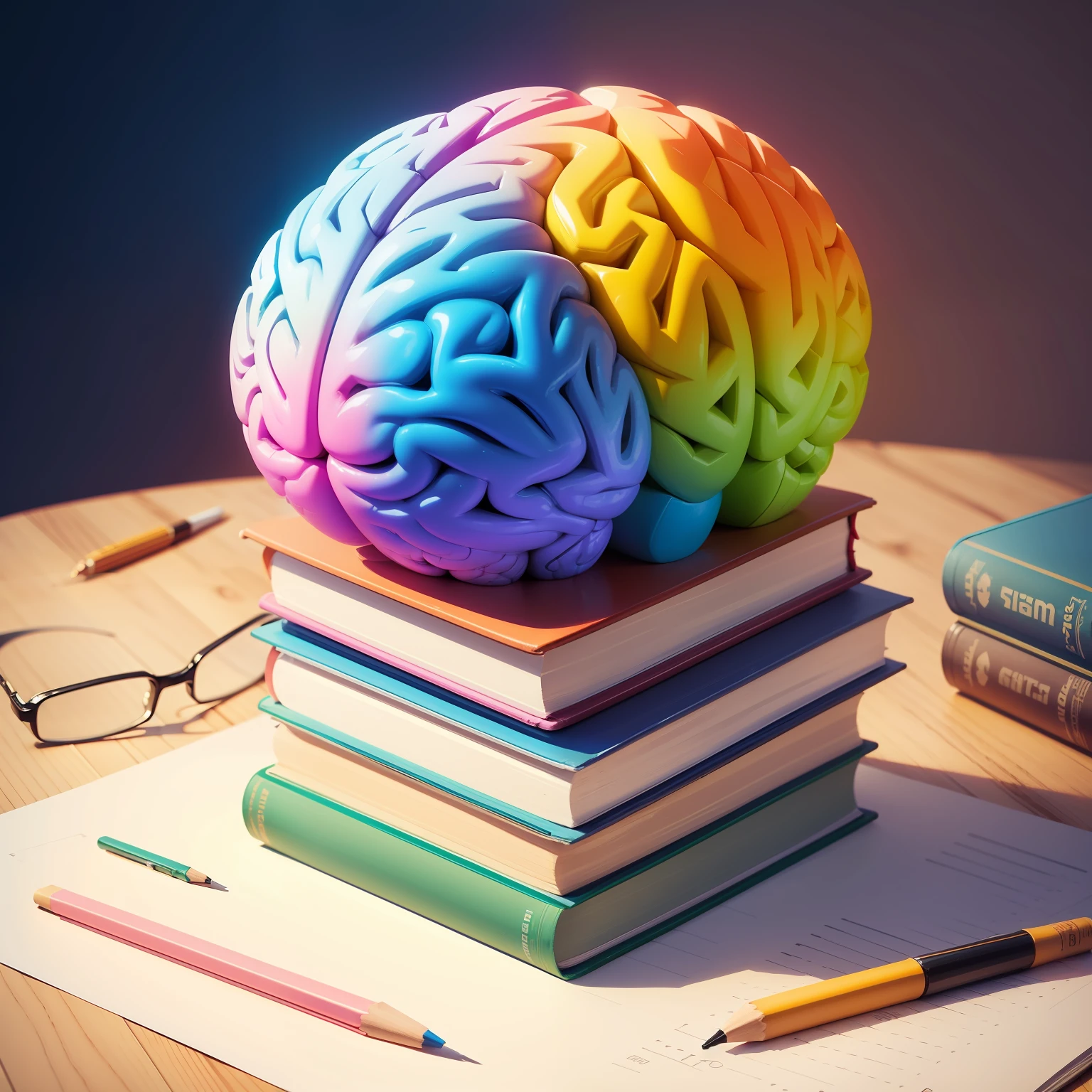 Create a fun logo that has elements like brain, stack of books and pencils. The brain should be the main element of the image. Os livros devem ser coloridos. The image should represent innovation and motivation.
