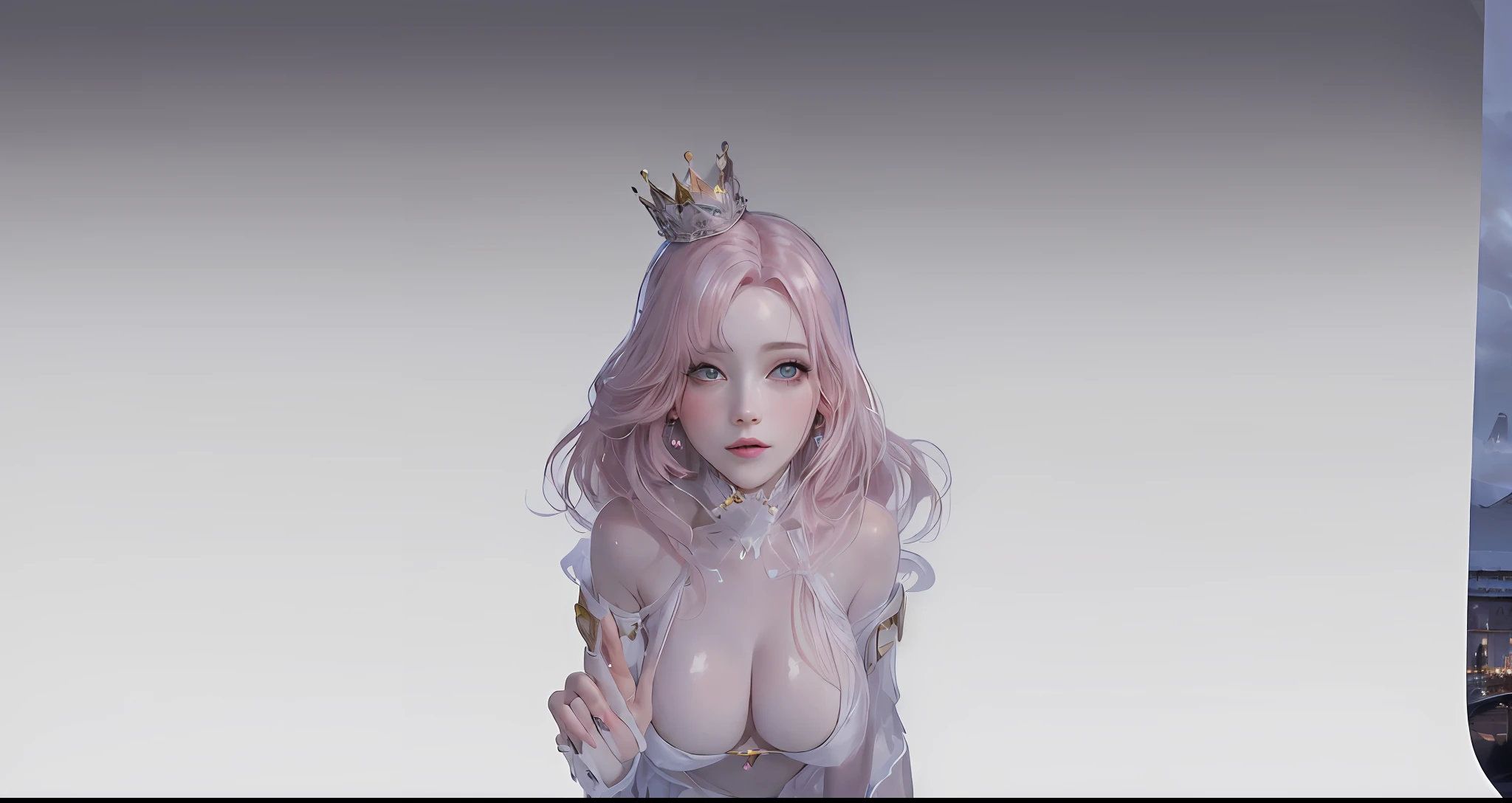 there is a woman with pink hair and a crown on her head wearing a white bikini showing , background is a pale pink themed castle in the sky with clouds, a beautiful fantasy empress, ((a beautiful fantasy empress)), royal elegant pose, glossy skin, pale snow white skin, princess portrait, princess, artificial intelligence princess
