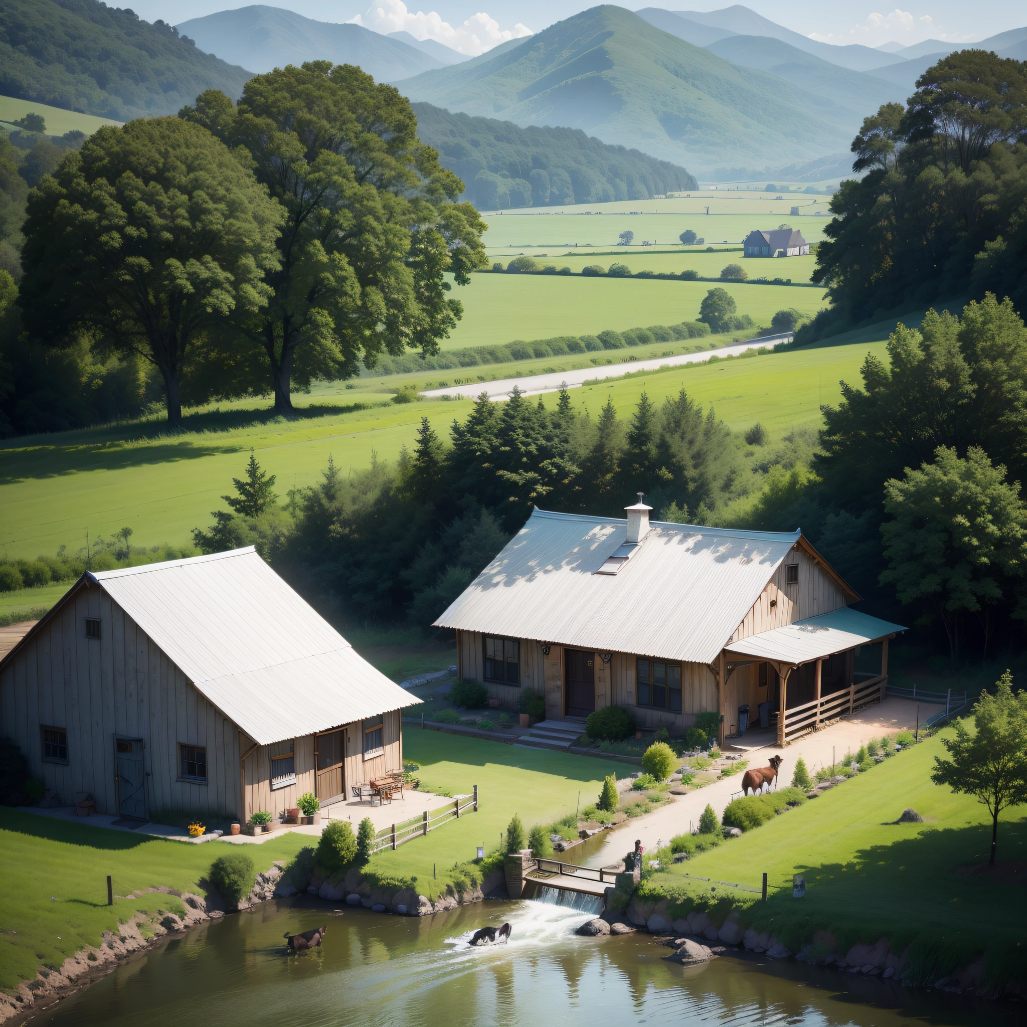 Produce a high-quality and sharp image of the White House on a farm, situated in a lush green valley, with a nearby river and waterfall. Around the house, create a wooden corral with cows and horses grazing in the pasture, and chickens, roosters, and chicks near the house. The visual should depict the enchanting environment in which farmers and countrymen live. Pay attention to the details, emphasizing the vibrant colors of the green landscape and the natural elements present on the farm. The goal is to obtain a stunning image that captures the beauty and tranquility of life in the countryside, highlighting the harmony between man and nature.