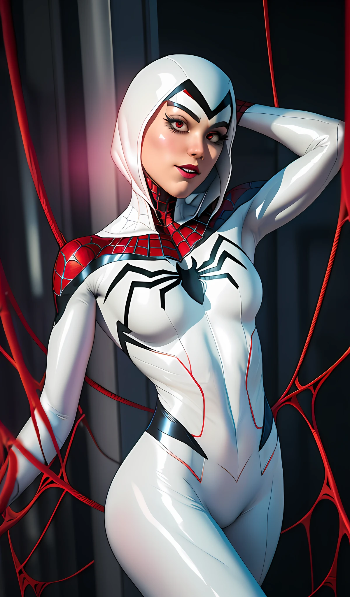 spider - woman in white costume with red and black spider - webs, spider gwen, extremely detailed artgerm, highly detailed exquisite fanart, glowing veins of white, cables on her body, white shiny skin, ( ( spiderwoman ) ), spider - gwen, spider-gwen, spider woman, 3 d render character art 8 k, shiny white skin