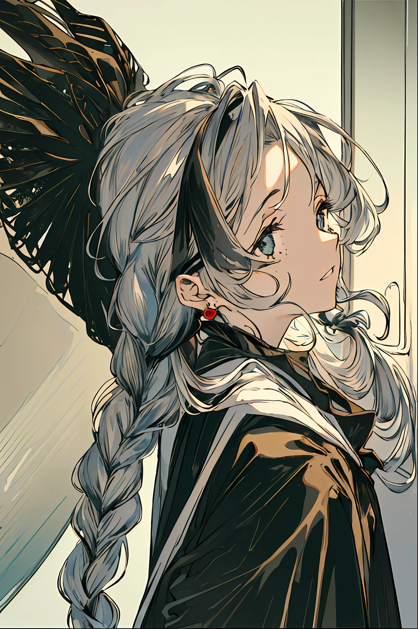 Ultra-realistic 8k CG,tmasterpiece,Complicated details,best qualtiy,color difference,1boys,long whitr hair,eyes highlights,sharp sharp eyes,Dirty braids,freckle,Single Eyelids,The bones are distinct,With earrings,
