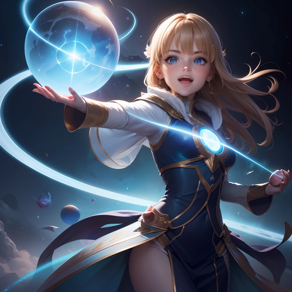 a good painting of a girl holding a glowing orb in her hands with a glowing orb in her hand, and a glowing orb in her hand, 1boy, aurora, beam, biribiri, blue eyes, blue fire, crystal, crystal ball, cupping hands, earrings, earth \(planet\), electricity, energy, energy ball, floating, floating object, foreshortening, galaxy, globe, glowing, glowing weapon, hexagram, hitodama, hologram, holographic interface, ice, jewelry, lightning, magic, magic circle, male focus, night sky, open hands, open mouth, orb, outstretched arm, outstretched hand, planet, pyrokinesis, reaching out, sky, smile, solo, space, sparkler, spread fingers, star \(sky\), starry sky, art by Mind Blaster