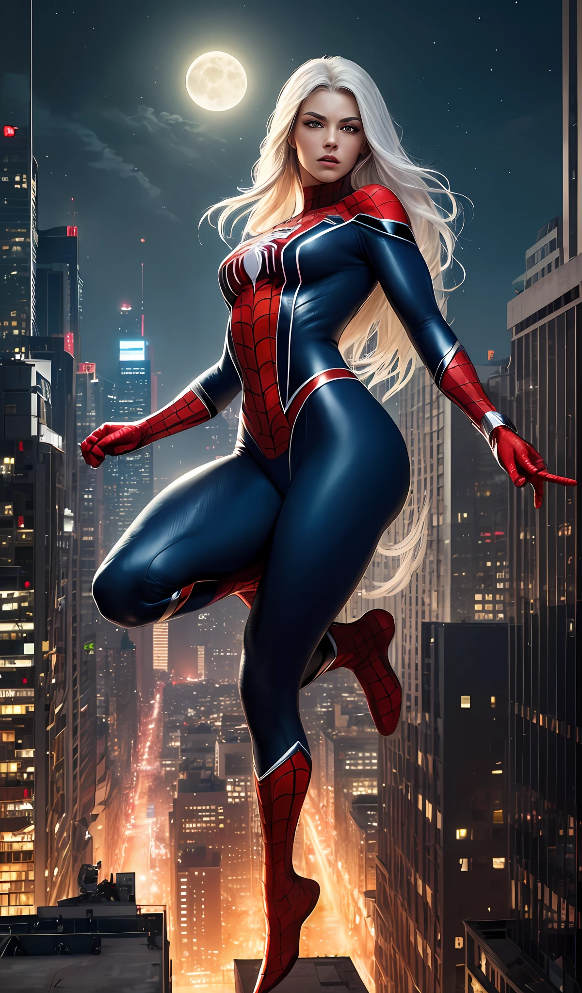 (Masterpiece, 4k resolution, ultra-realistic, very detailed), (White superhero theme, charismatic, there's a girl on top of town, wearing Spider-Man costume, she's a superhero), [ ((25 years), (long white hair:1.2), full body, (blue eyes:1.2), ((Spider-Man pose),show of strength, jumping from one building to another), ((sandy urban environment):0.8)| (cityscape, at night, dynamic lights), (full moon))] # Explanation: The Prompt mainly describes a 4K painting of ultra-high definition, very realistic, very detailed. It shows a superheroine at the top of the city, wearing a Spider-Man costume. The theme in the painting is a white superhero theme, the female protagonist has long white hair, is 25 years old and her entire body is shown in the painting. In terms of portraying the actions of superheroines, spiders are employed --auto