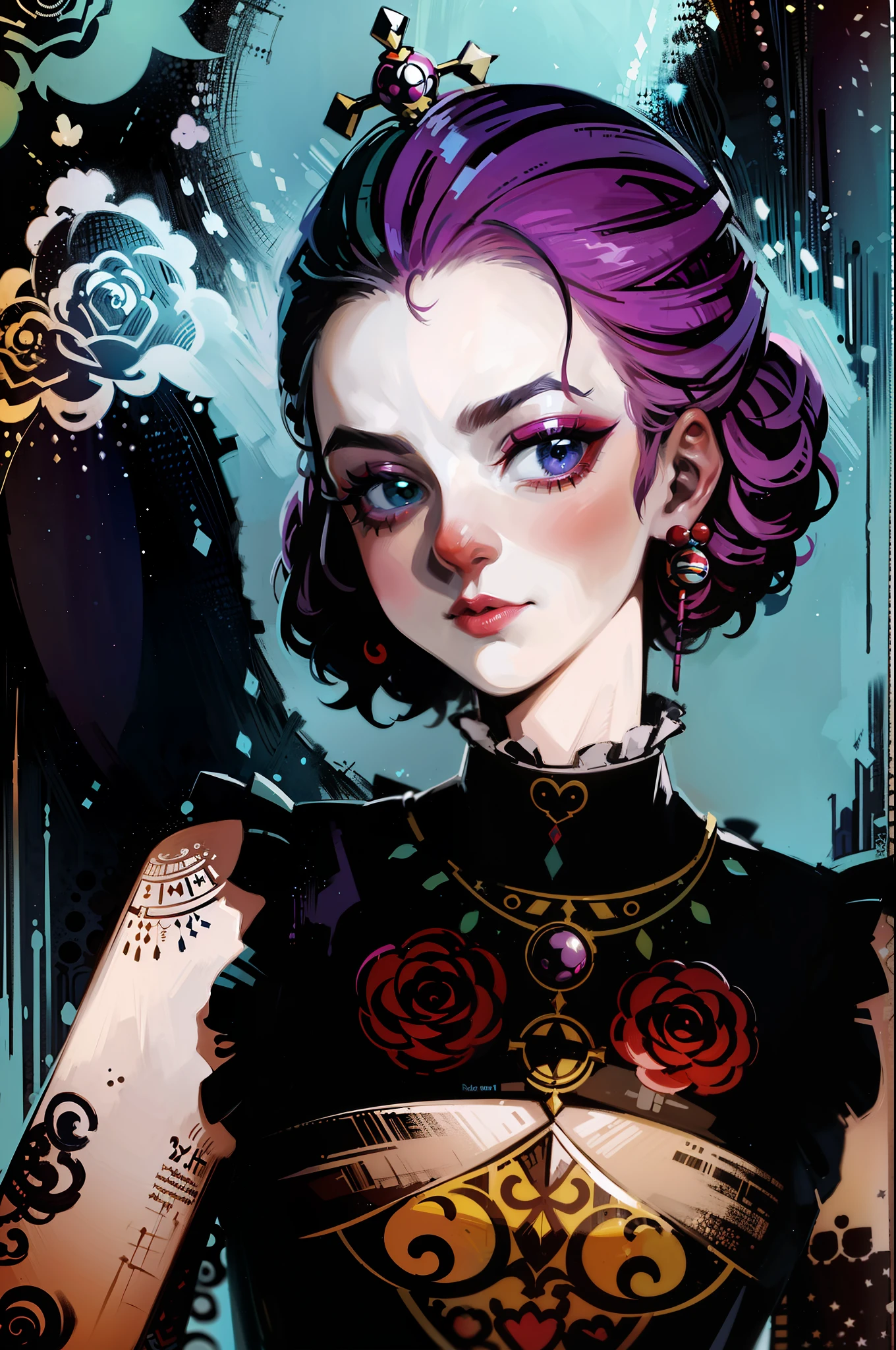 loira, retrato, um desenho de uma mulher loira, Inspirado em RossDrew, Surrealismo Pop, wearing bizarre clown makeup, arte conceitual, Trend in Deviantarthq", rob rey and kentarõ miura style