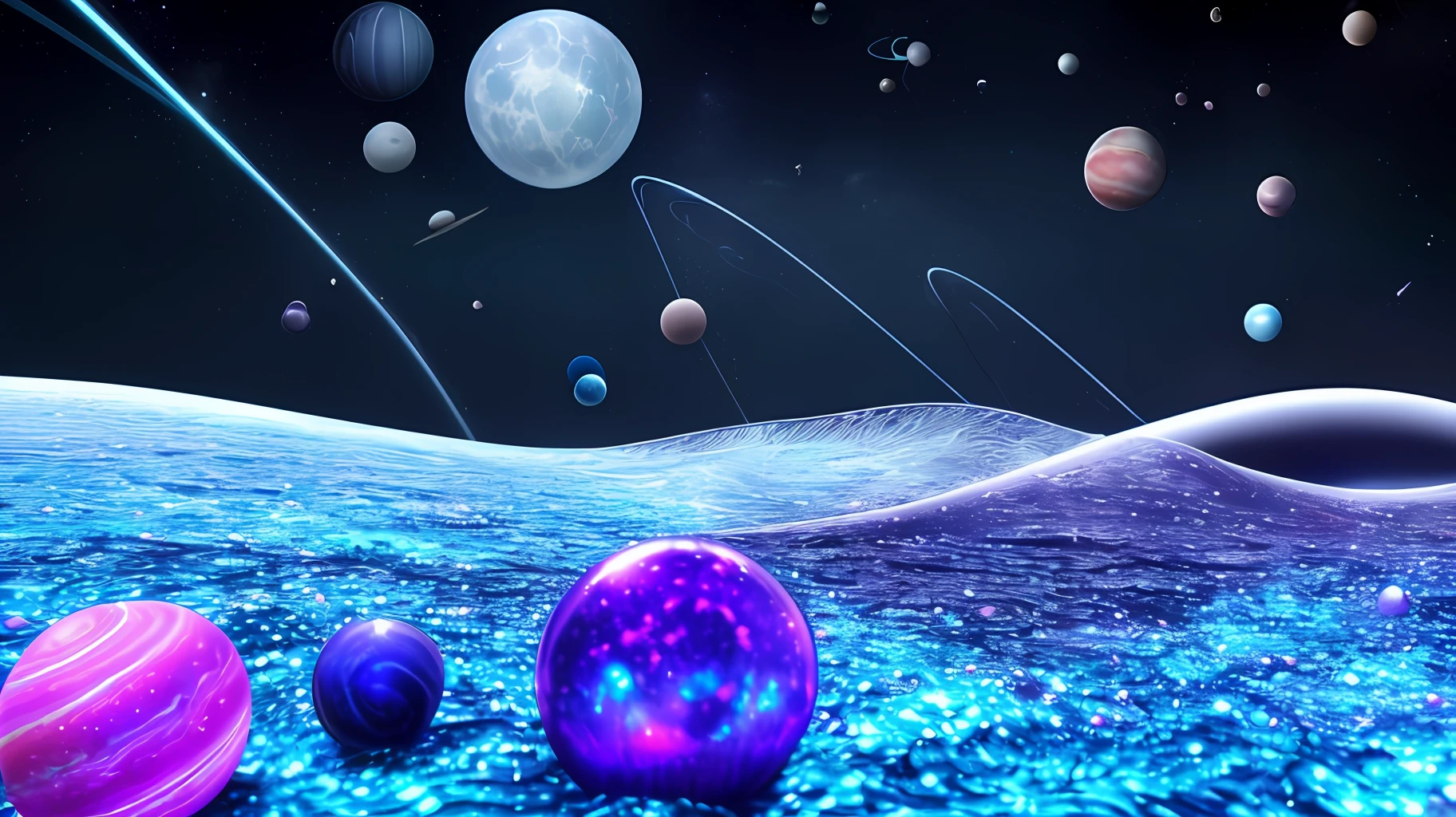 Smooth rolling waves (Blue ocean) outside on an alien planet, Beautiful transparent water, Night, Huge fish jumping from the waves, Spots of iridescent plankton in water, Sparkling water spray, The background is a deep purple sky dotted with stars, Unknown constellations in the sky, (There are multiple bright moons and planets in the sky:1.5), Glowing horizon, fascinating views, Masterpiece, Best quality, detailed 4K wallpaper, award winning art, Bokeh, Depth of field, hdr, full bloom, color difference, Extremely detailed, trending on artstationh, trending on CGSociety, Dramatic