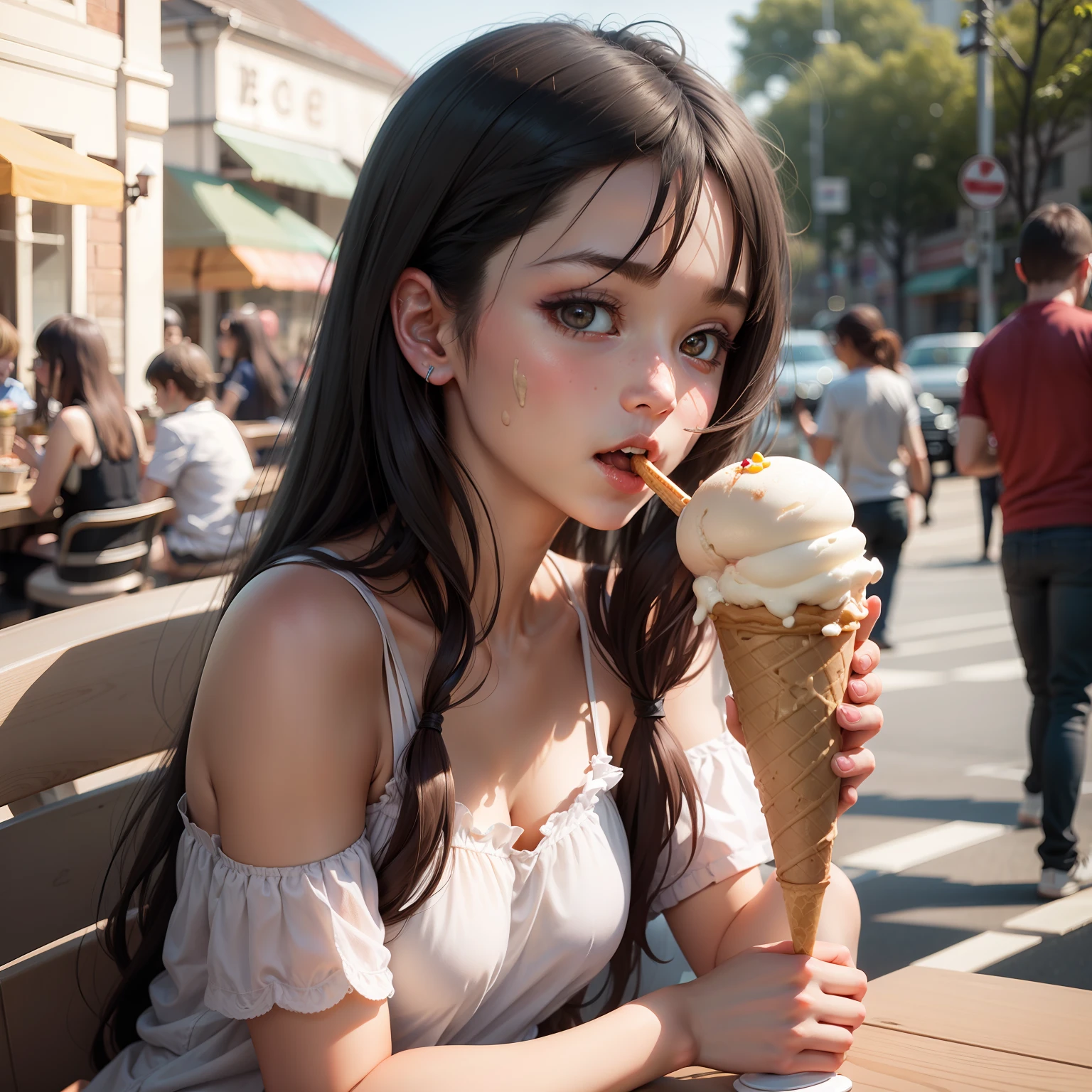 A long-haired girl eats ice cream
