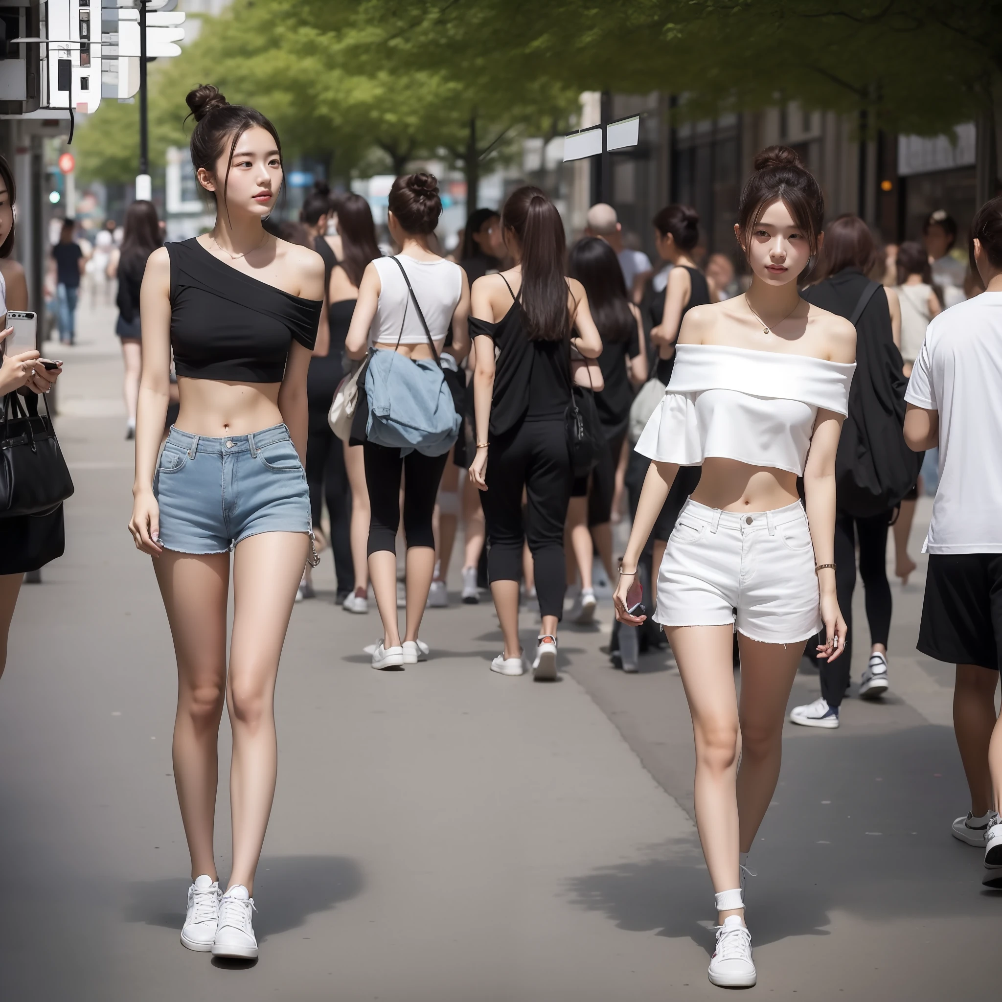 A 20-year-old Japanese woman,Bun hair,Black single-neck off-the-shoulder crop top,White shorts,White shoes,Make phone calls as you go,looking to the right,On crowded streets