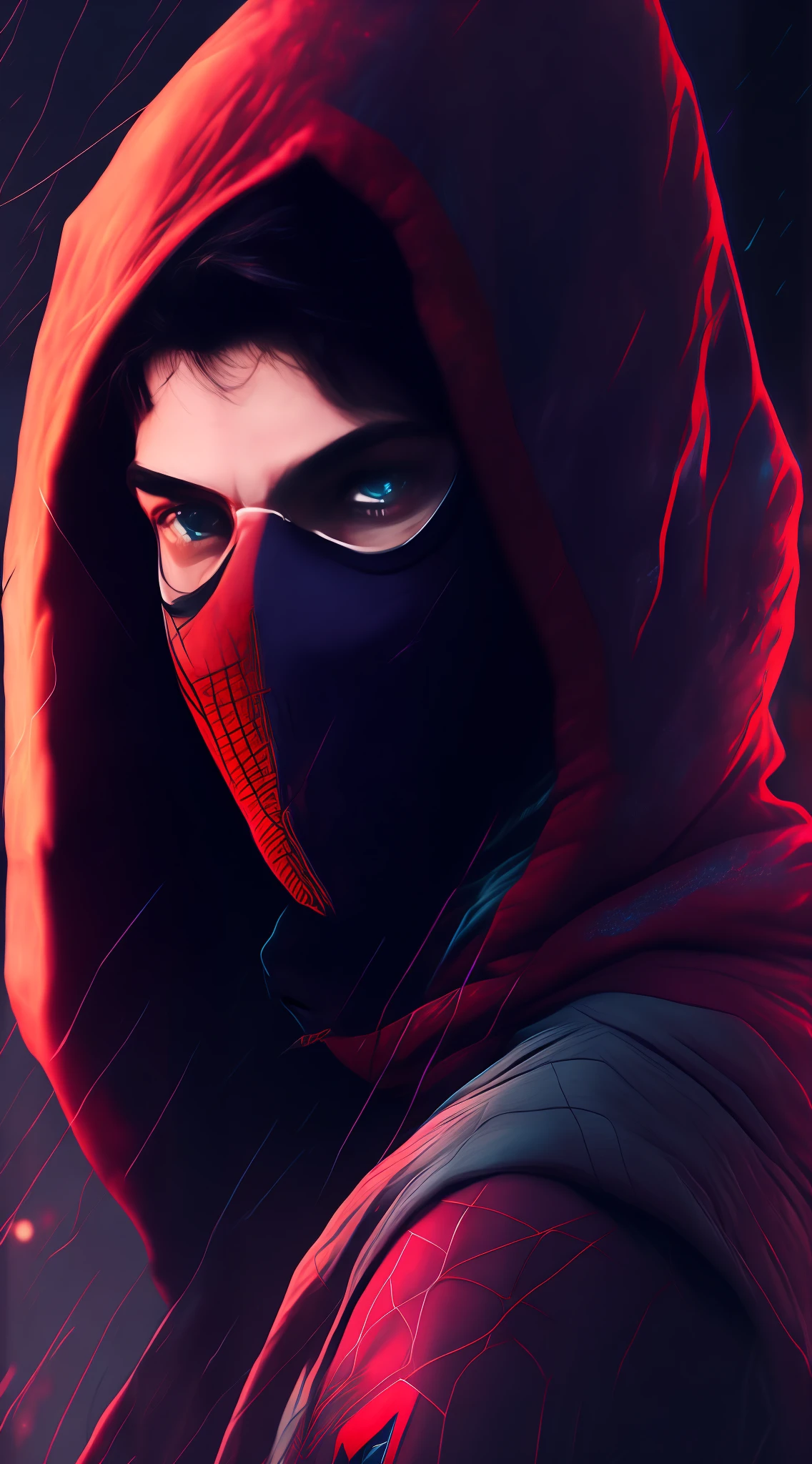 Half Face Spider-Man, Half Face Peter Parker, Cyberpunk, Hood, 8K.