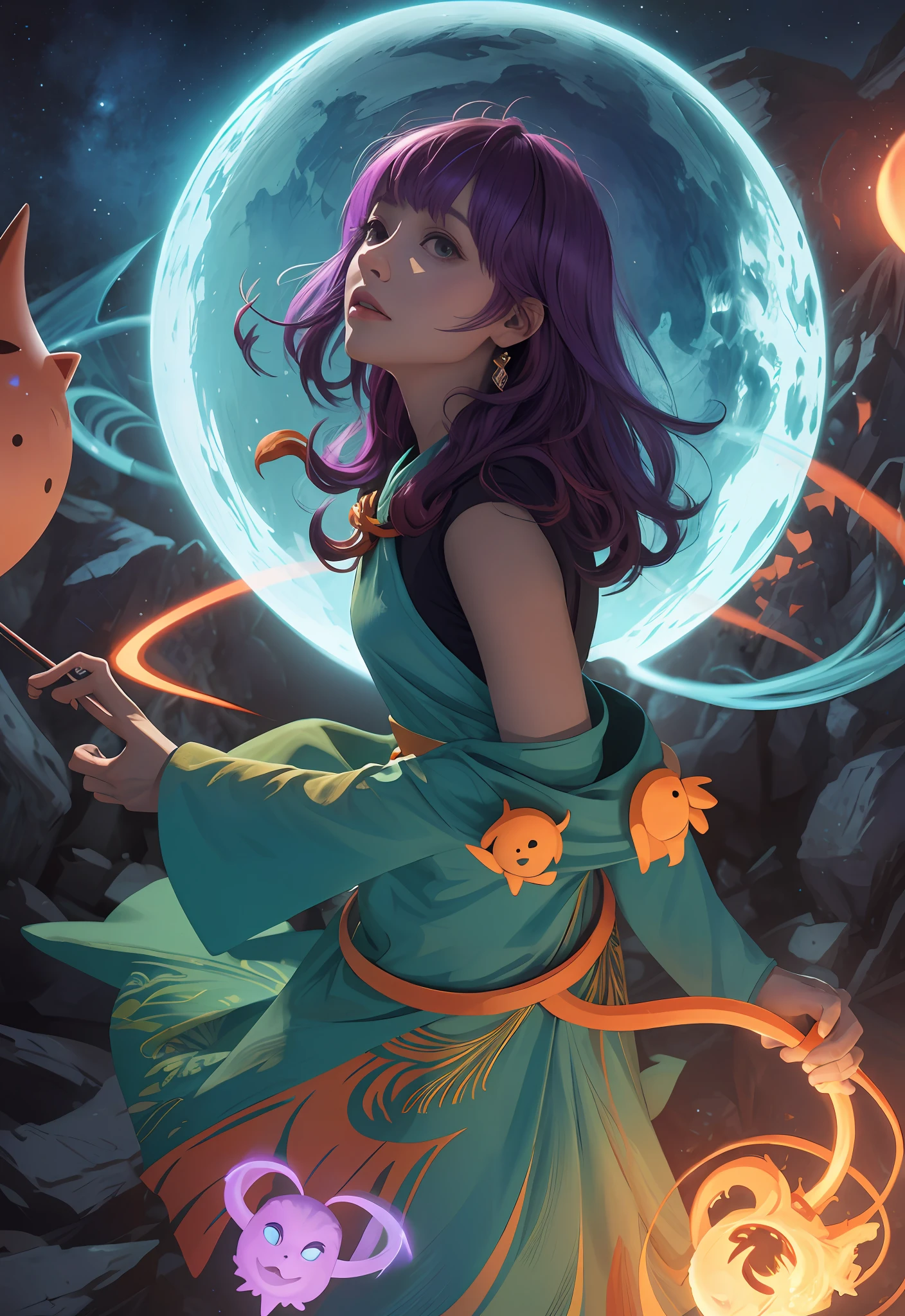 concept art, overhead angle of a Will-o'-the-wisp, wearing Funny Somali Emerald deep orange Pinafore, Caramel hair styled as Short hair, fluorescent purple Hair tie, equirectangular 360, Highres,  [(art by Willi Baumeister:1.1), (art by John T. Biggers:1.2)::17], official art, unity 8k wallpaper, ultra detailed, aesthetic, masterpiece, best quality, photorealistic