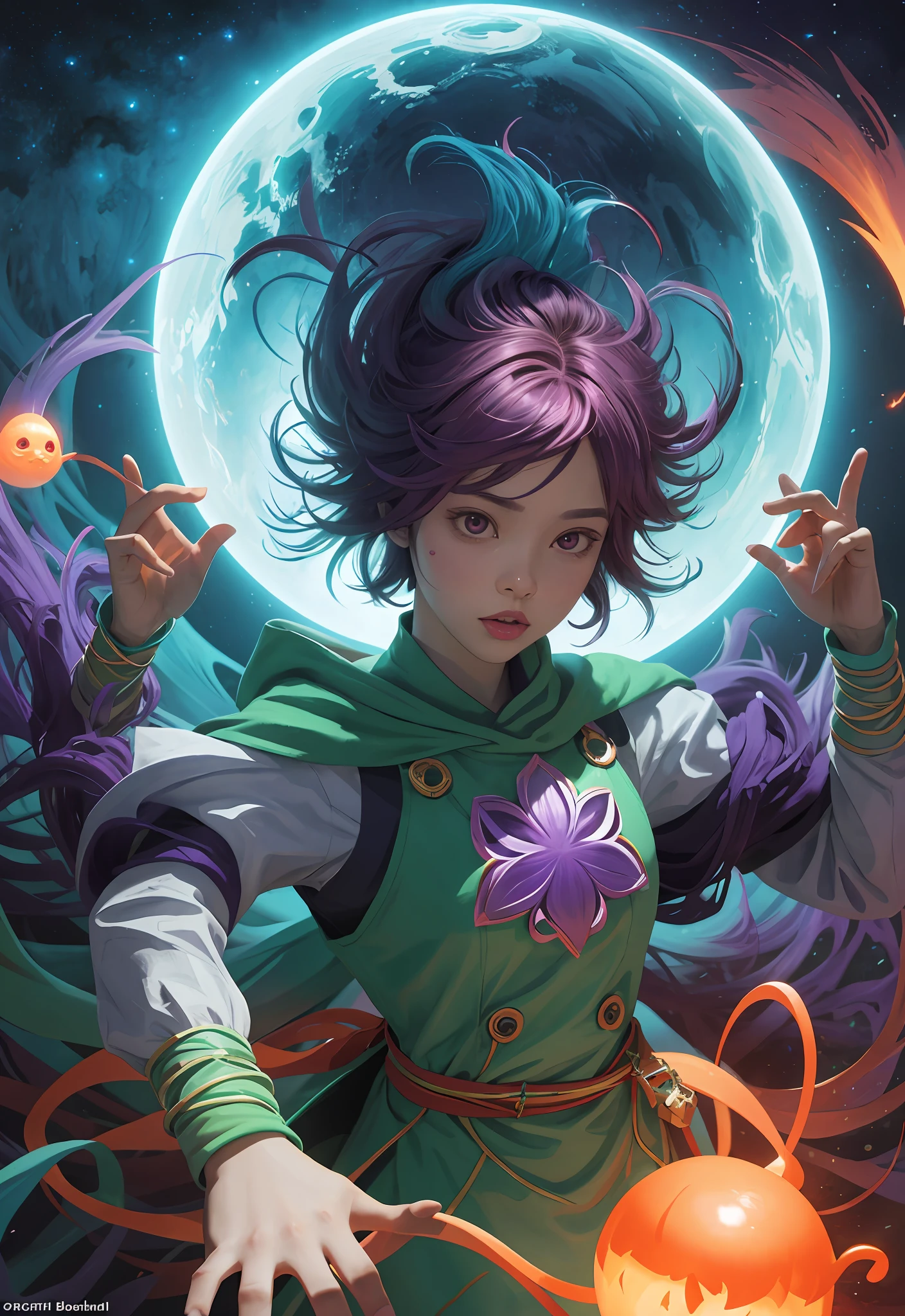 concept art, overhead angle of a Will-o'-the-wisp, wearing Funny Somali Emerald deep orange Pinafore, Caramel hair styled as Short hair, fluorescent purple Hair tie, equirectangular 360, Highres,  [(art by Willi Baumeister:1.1), (art by John T. Biggers:1.2)::17], official art, unity 8k wallpaper, ultra detailed, aesthetic, masterpiece, best quality, photorealistic
