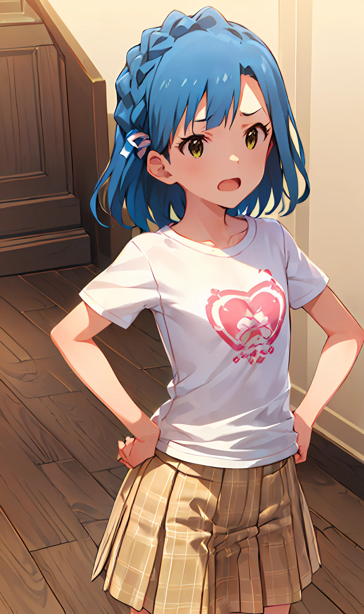 yuriko nanao (million live). Short stature. (((white t-shirts))).(((Skirt))).(((masterpiece))).(((best quality))).((Ultra-detailed))).(((illustratio))). (((put hands on the hip))).(((a room))).(((make a fist))).(((up chest))).Despair face.((short-hair)).((Medium chest)).((Opening Mouth)).