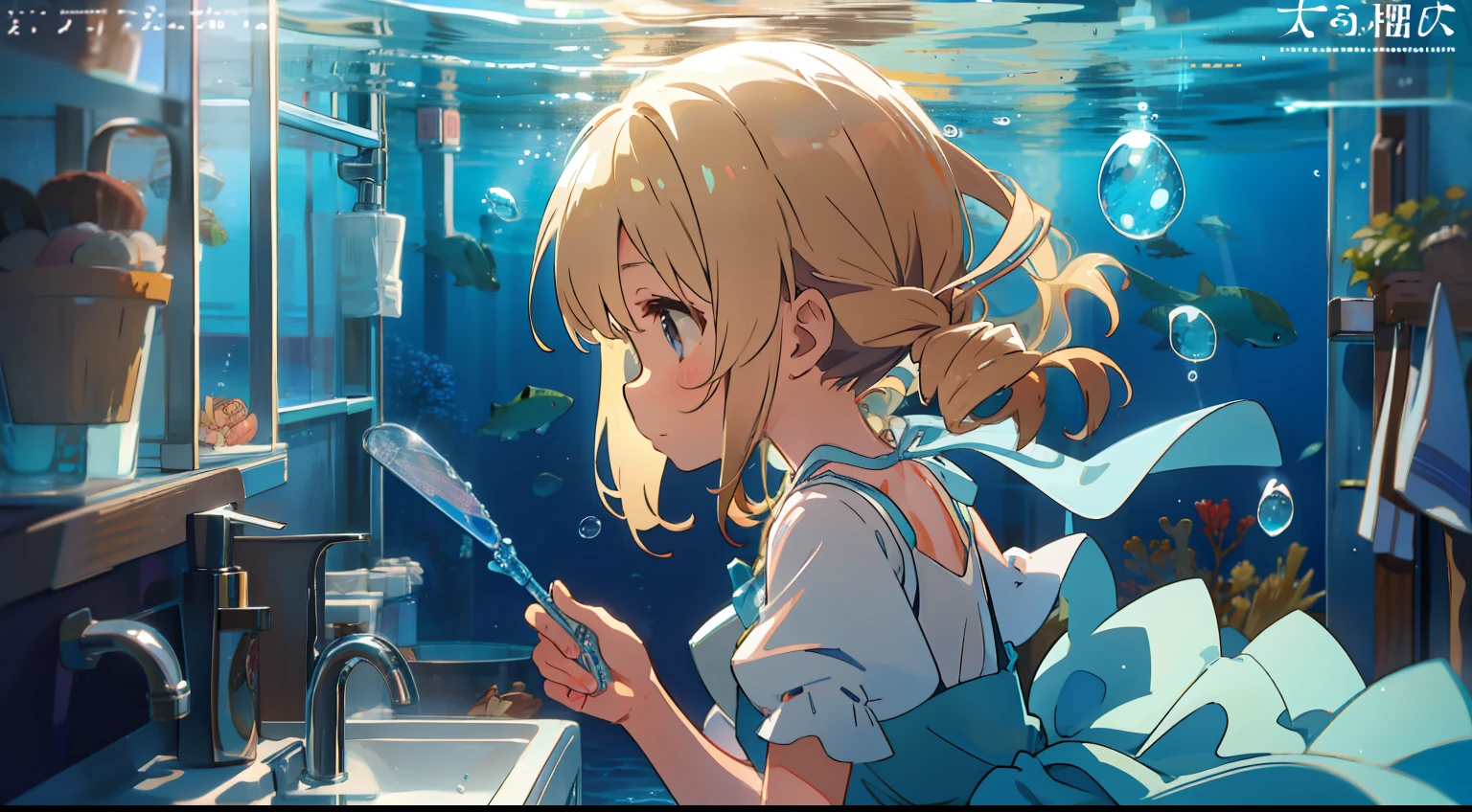 Under the sea、under the water、Sink、Air bubble、One girl、a blond、long、cute little、Seen from the side、Fall、​masterpiece、Top image quality、top-quality、Rosa、Rose Dress、