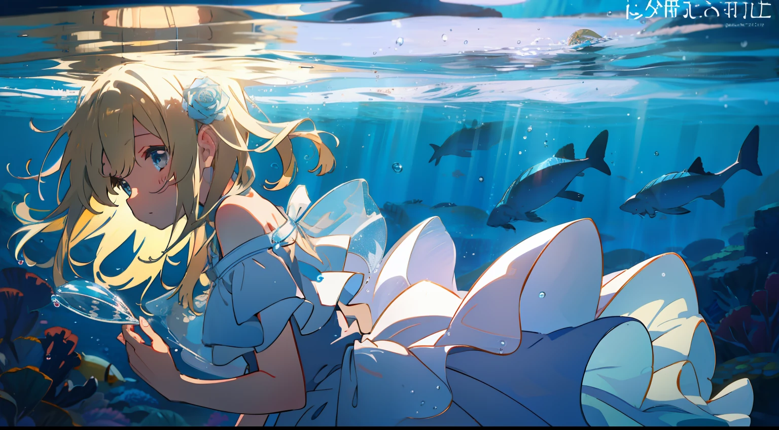 Under the sea、under the water、Sink、Air bubble、One girl、a blond、long、cute little、Seen from the side、Fall、masterpiece、Top image quality、top-quality、Rosa、Rose Dress、