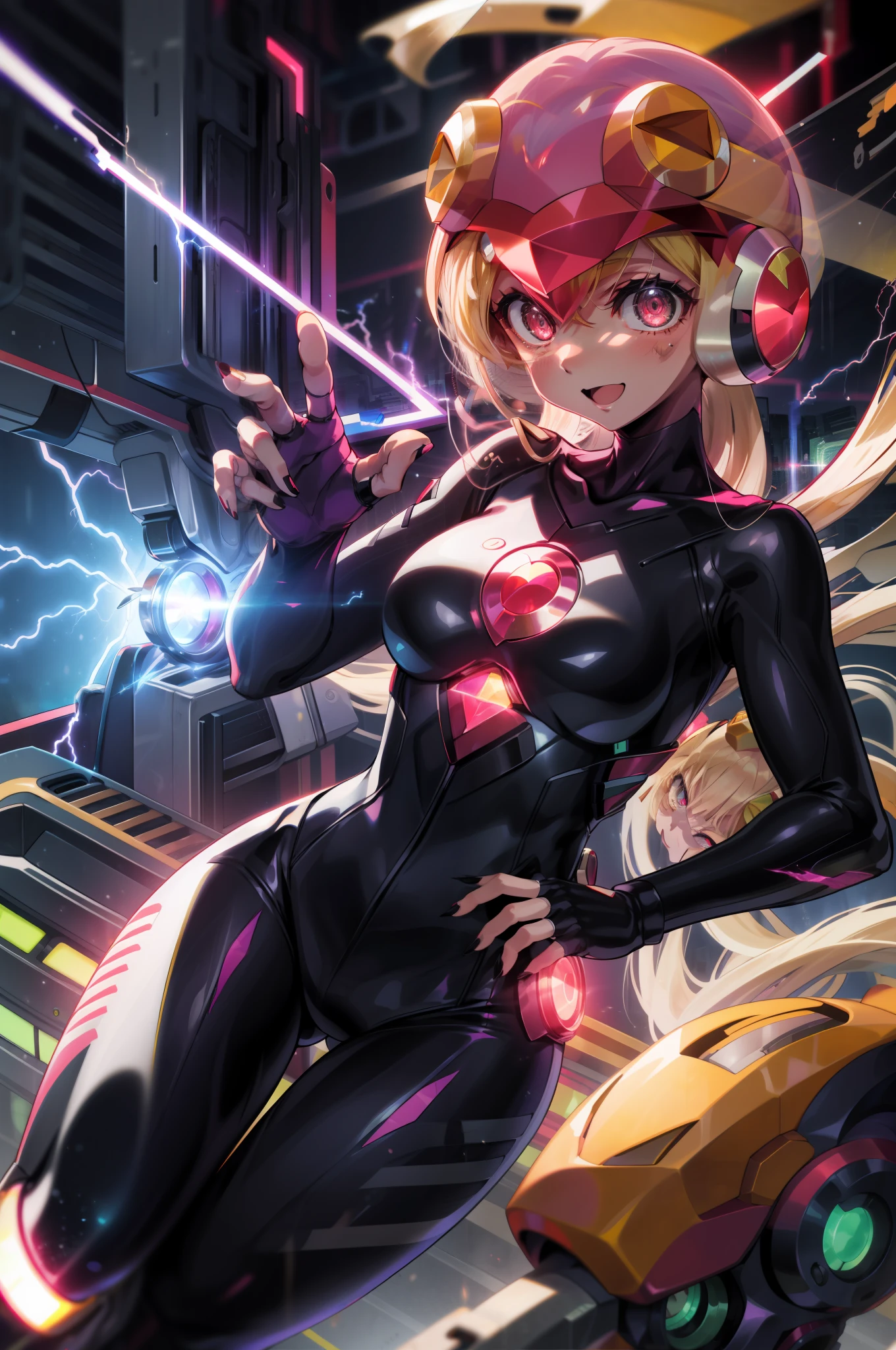 masutepiece,Best Quality,1girl in,roll_...exe_megamanbn,(helmets),Blonde hair,Long hair,Leotard,Pink eyes,Purple bodysuit,body suit,Eyes without light,moderate breast bulge,Thin laughter,nails with sharp fingertips,Tied to a machine,glowing circuit background,Black lightning strike