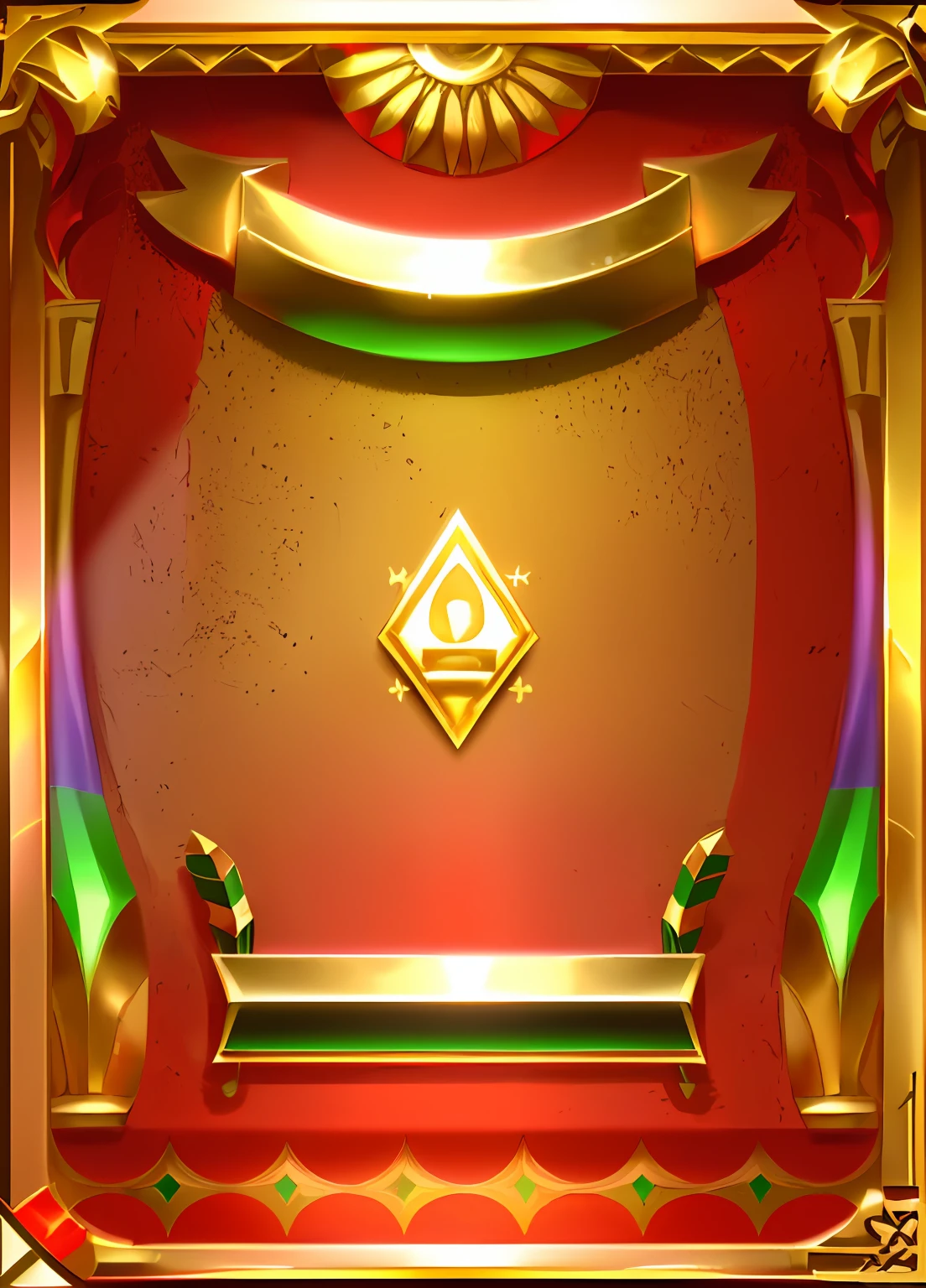 "Card game frame with an Egyptian motif, adorned with intricate Egyptian ornaments and reliefs. Vibrant colors of red, yellow, and green complement the sand-textured background. Avoid any shiny objects or glossy elements."