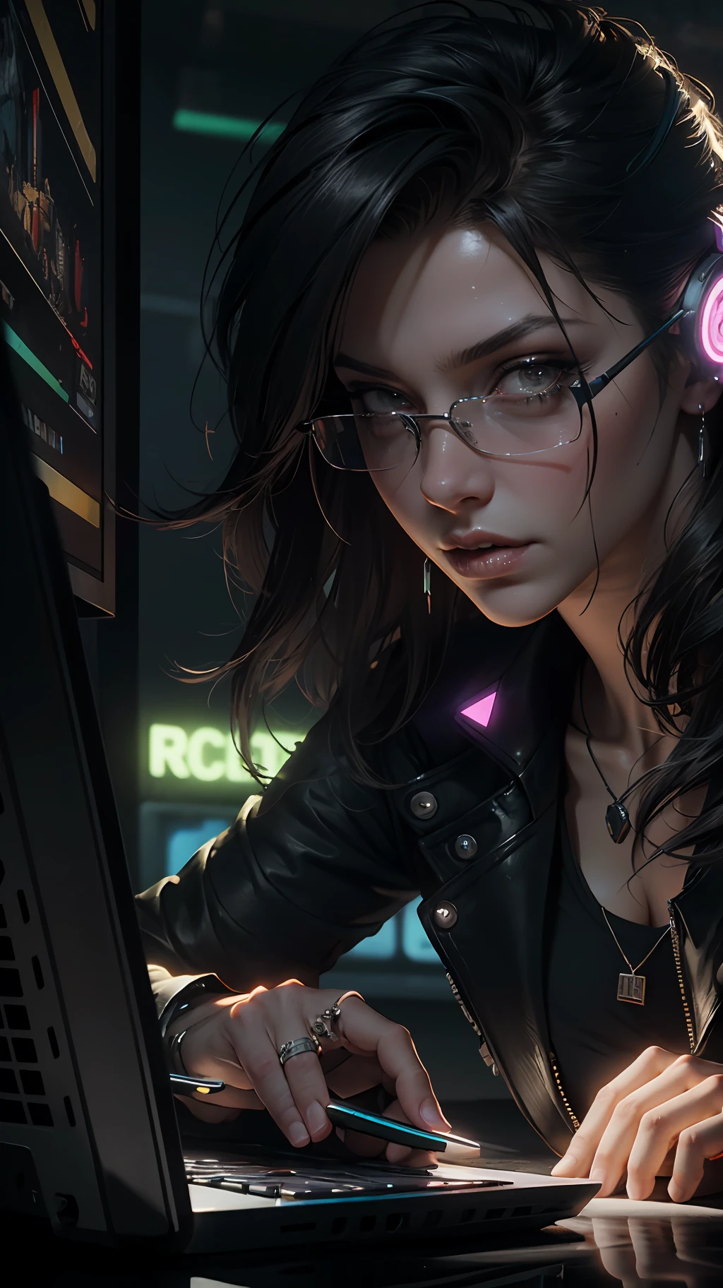 ((Best quality)), ((masterpiece)), (highly detailed:1.3), 3D, beautiful (cyberpunk:1.3) female hacker with thick voluminous hair operating a computer terminal, computer servers, LCD screens, fibre optic cables, corporate logos,HDR (High Dynamic Range),Ray Tracing,NVIDIA RTX,Super-Resolution,Unreal 5,Subsurface scattering,PBR Texturing,Post-processing,Anisotropic Filtering,Depth-of-field,Maximum clarity and sharpness,Multi-layered textures,Albedo and Specular maps,Surface shading,Accurate simulation of light-material interaction,Perfect proportions,Octane Render,Two-tone lighting,Low ISO,White balance,Rule of thirds,Wide aperature,8K RAW,Efficient Sub-Pixel,sub-pixel convolution,luminescent particles,