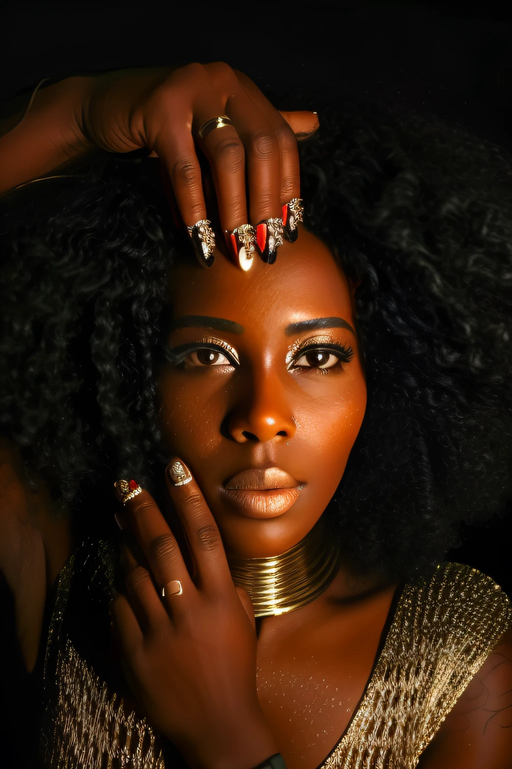 1 mulher, negra, sozinha, modelo, rosto de 34 anos, cores vividas, realista,  detalhes, desfoque suave, Canon lens defoliation 50 mm 1.4, imagem 3D, imagem hd, 8K, Photo in photographic studio, realistic