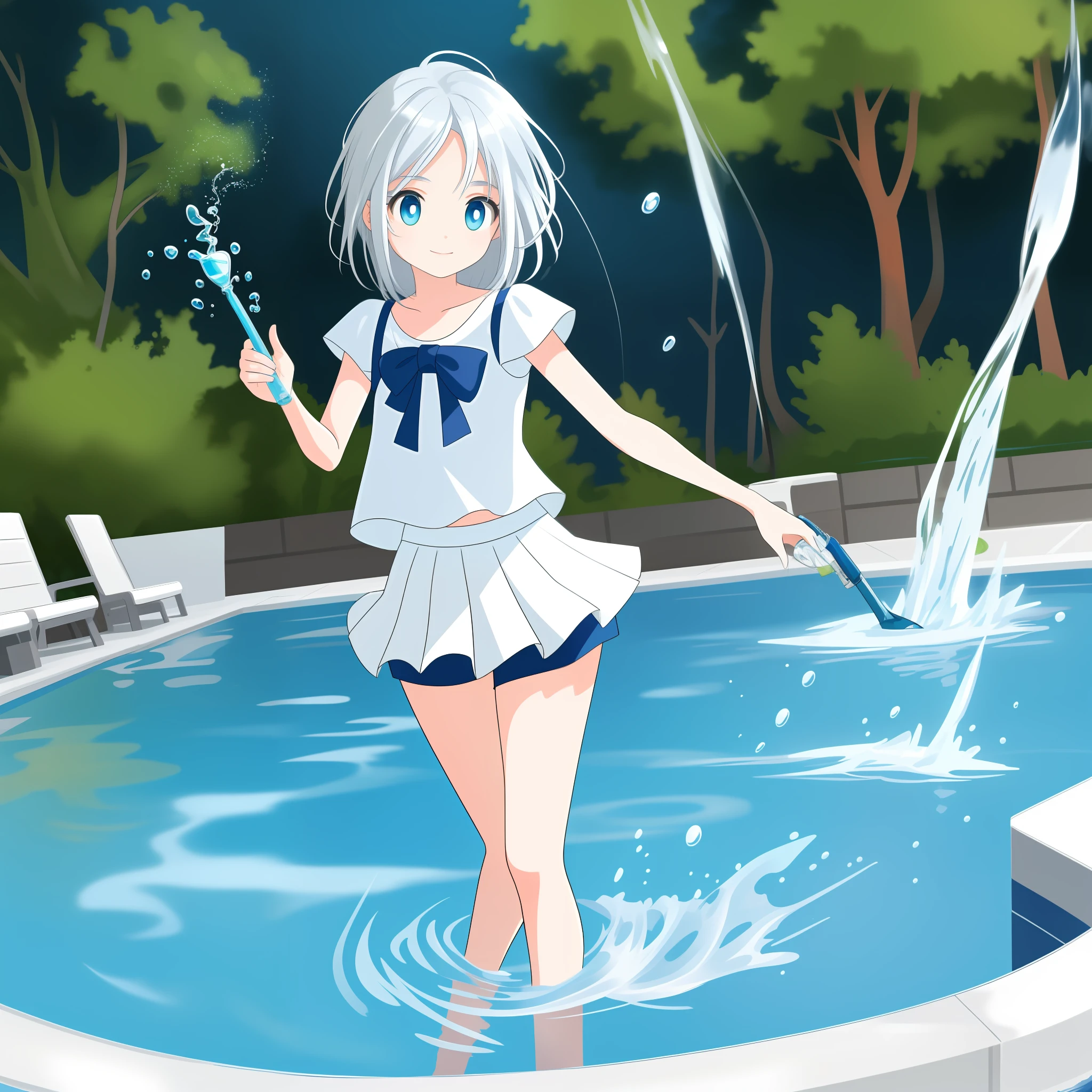 (HD illustration), the best picture quality, the best lighting effect, with blue eyes, stubasa (silver hair: 1.3+ white hair), lakeside clear pool, petite thin legs, white clean short skirt, splashing water, fresh face, pure and cute