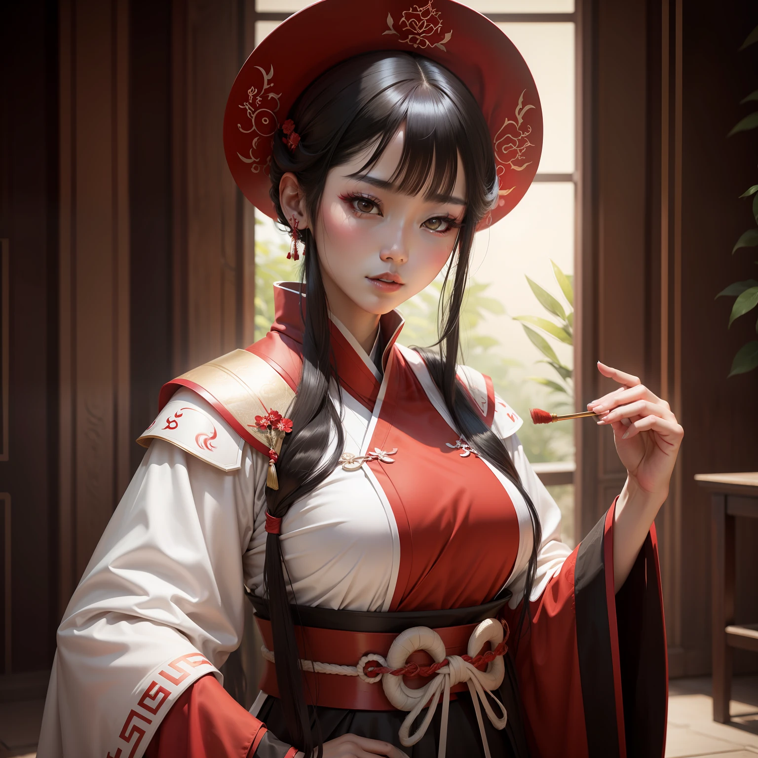 Red clothes，white skinned，Black hair，Hanfu beauty，Texture，high-class，Raised sexy