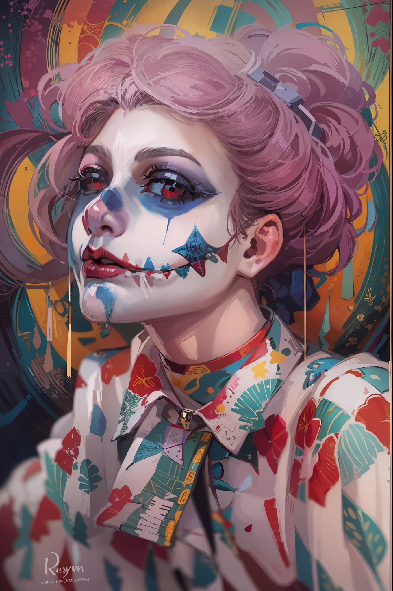 retrato, um desenho de uma mulher loira, Inspirado em RossDrew, Surrealismo Pop, wearing bizarre clown makeup, arte conceitual, Trend in Deviantarthq", rob rey and kentarõ miura style