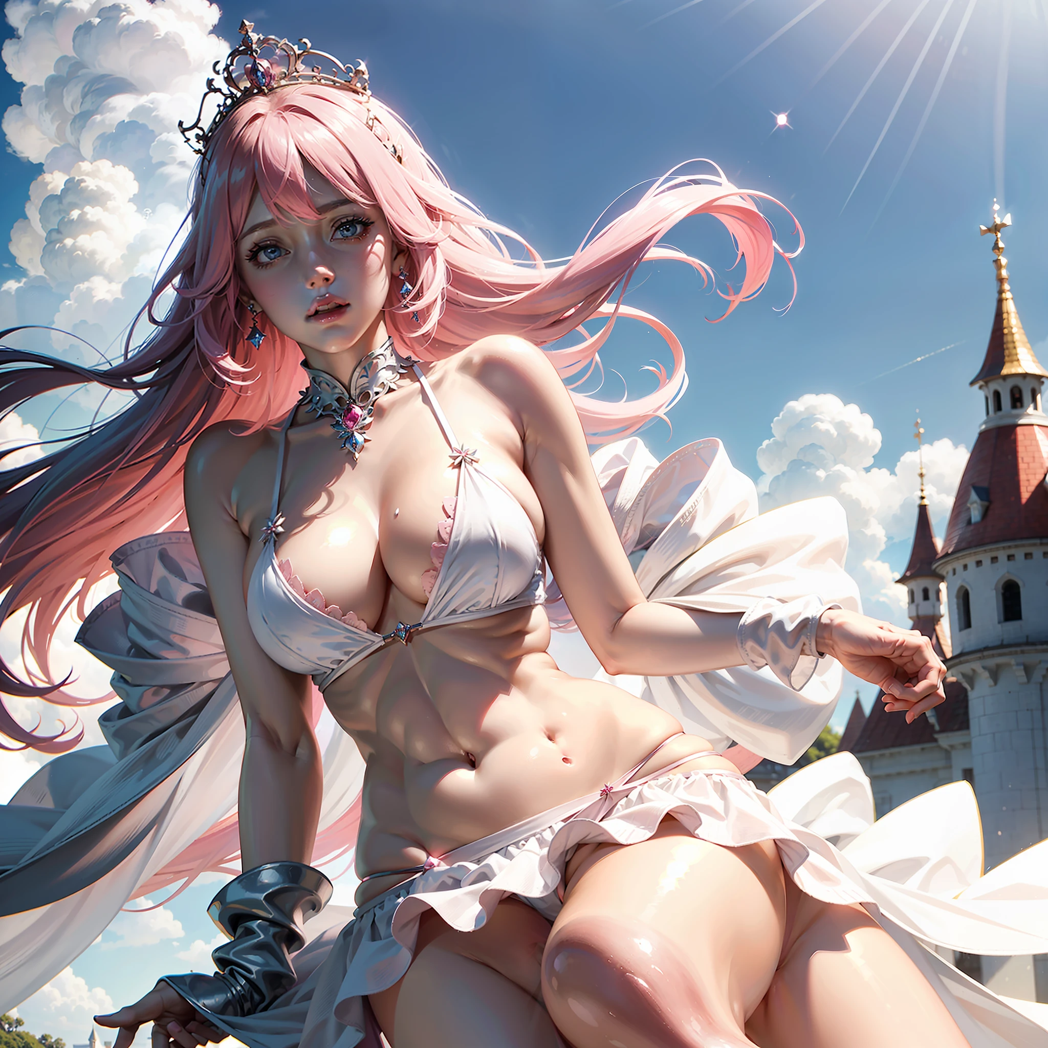 there is a woman with pink hair and a crown on her head wearing a white bikini showing cleavage, looking at camera seductively, background is a pale pink themed castle in the sky with clouds, a beautiful fantasy empress, ((a beautiful fantasy empress)), royal elegant pose, glossy skin, pale snow white skin, princess portrait, princess, artificial intelligence princess