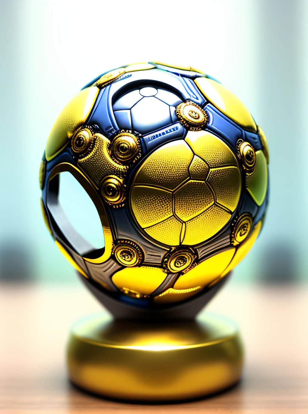 Mechanical gold metal soccer ball, con engranajes, tuercas, pistones y mecanismos, futurista, steampunk, realista, Luces,