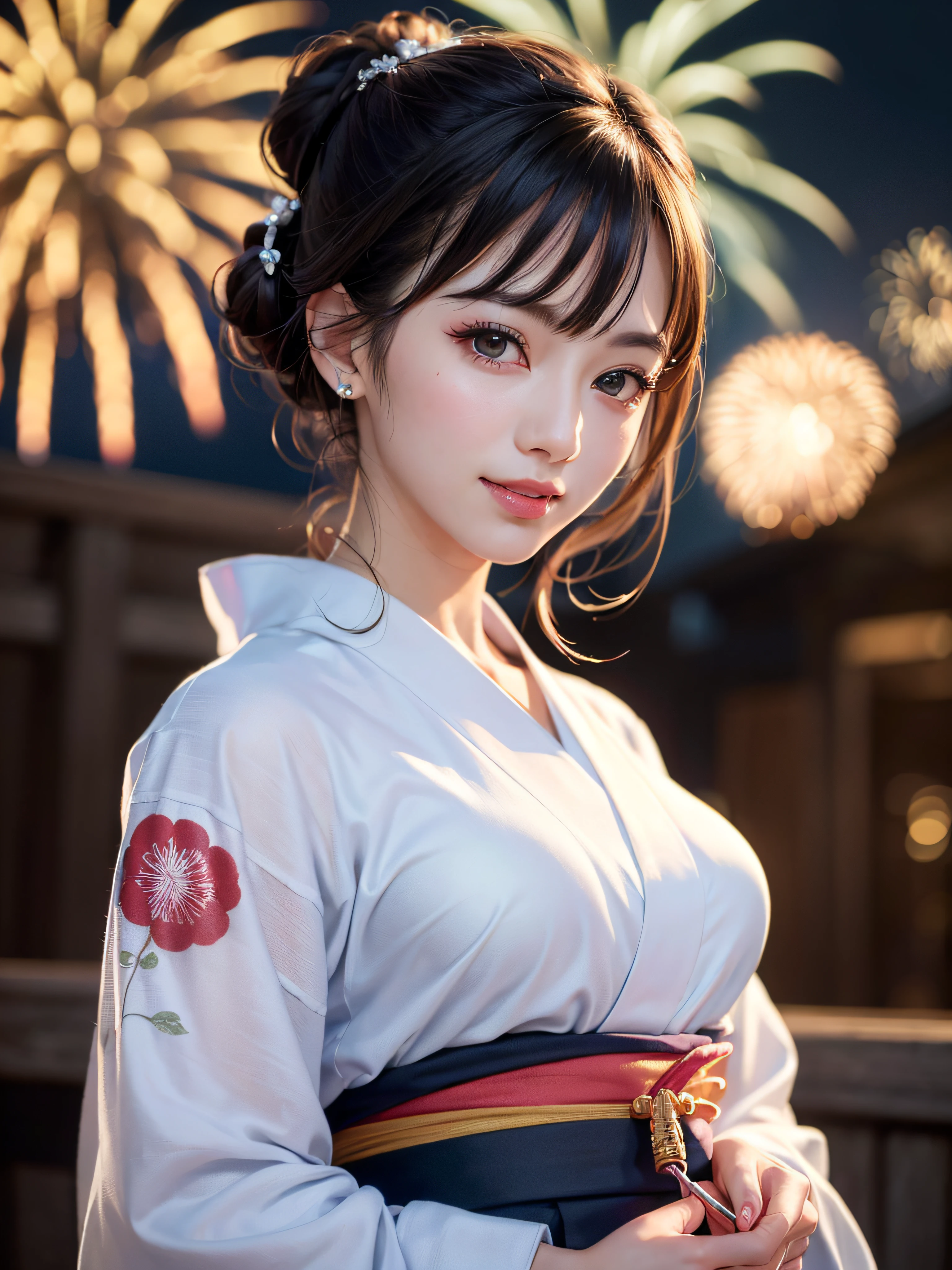 (realistic, photo-realistic:1.37), (masterpiece:1.2), (best quality:1.4), (ultra high res:1.2),(RAW photo:1.2), (sharp focus:1.3), (face focus:1.2), vibrant details, hyperrealistic, (full body:1.37), (1girl wearing detailed yukata:1.5), (23yo:1.1), (happy smile:1.35), (extremely detailed beautiful face and eyes:1.4), (extremely detailed beautiful hair:1.4),delicate composition,(posing), (young hands:1.2), medium breast, flower hair ornament,(Updo hair:1.3),( lipgloss, eyelashes, gloss-face, glossy skin, best quality, ultra highres, depth of field, chromatic aberration, caustics, Broad lighting, natural shading,Kpop idol:1.2) looking at viewer with a serene and goddess-like happiness,BREAK,
(Beautiful fireworks in the night sky background:1.2),(japanese summer festival:1.1), scenery, bangs, beautiful detailed eyes, makeup, looking at viewer, (cute), (soft lighting), finely detail,