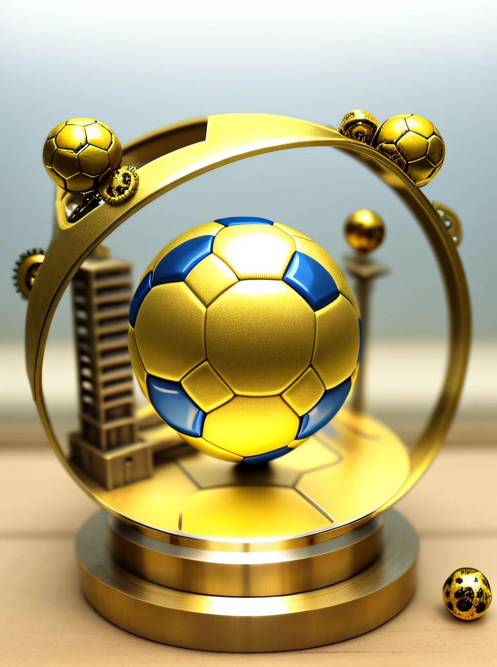 Mechanical gold metal soccer ball, con engranajes, tuercas, pistones y mecanismos, futurista, steampunk, realista, Luces,