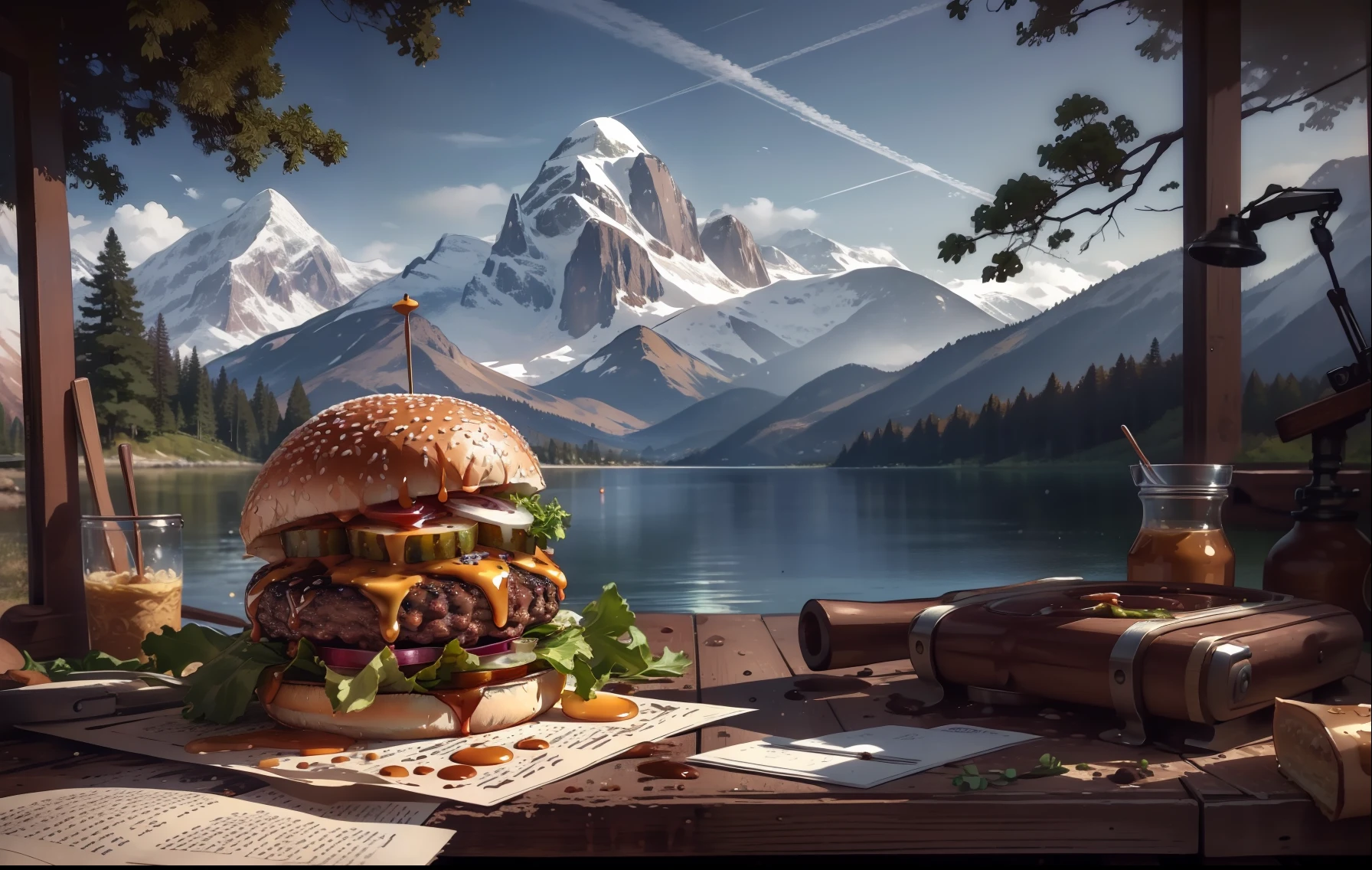 (masterpiece, top quality, best quality, beautiful and aesthetic:1.2), extremely detailed, highest detailed,humburger,burger photo, white background, scenery, ink, mountains, water, trees