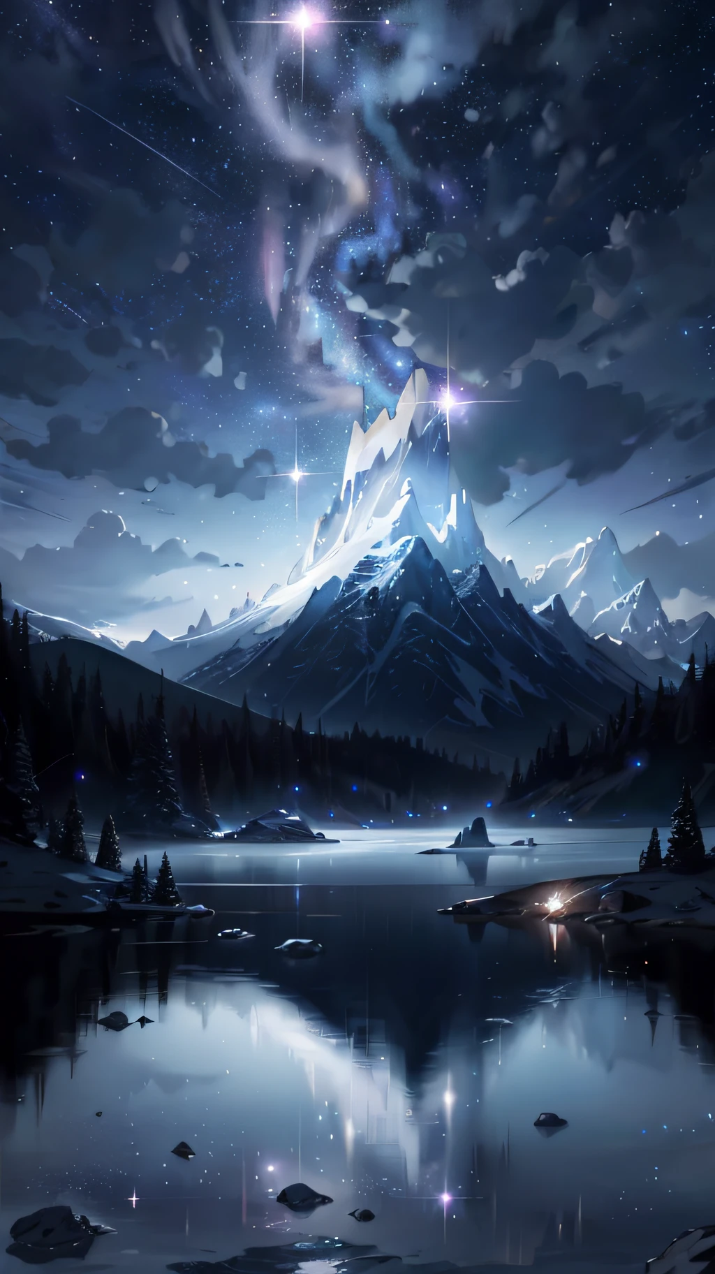 Starry Sky with Mountains and Lake, Jessica Rossier, Inspired by Jessica Rossier, Jessica Rossier Fantasy Art, Concept Art Magic Highlights, Official Artwork, Dream Painting, Ethereal Realm, Atmospheric artwork, dreamy matte paintings, serene endless stars inspired by Ted Nasmith, moonlit starry environments, epic music album covers.