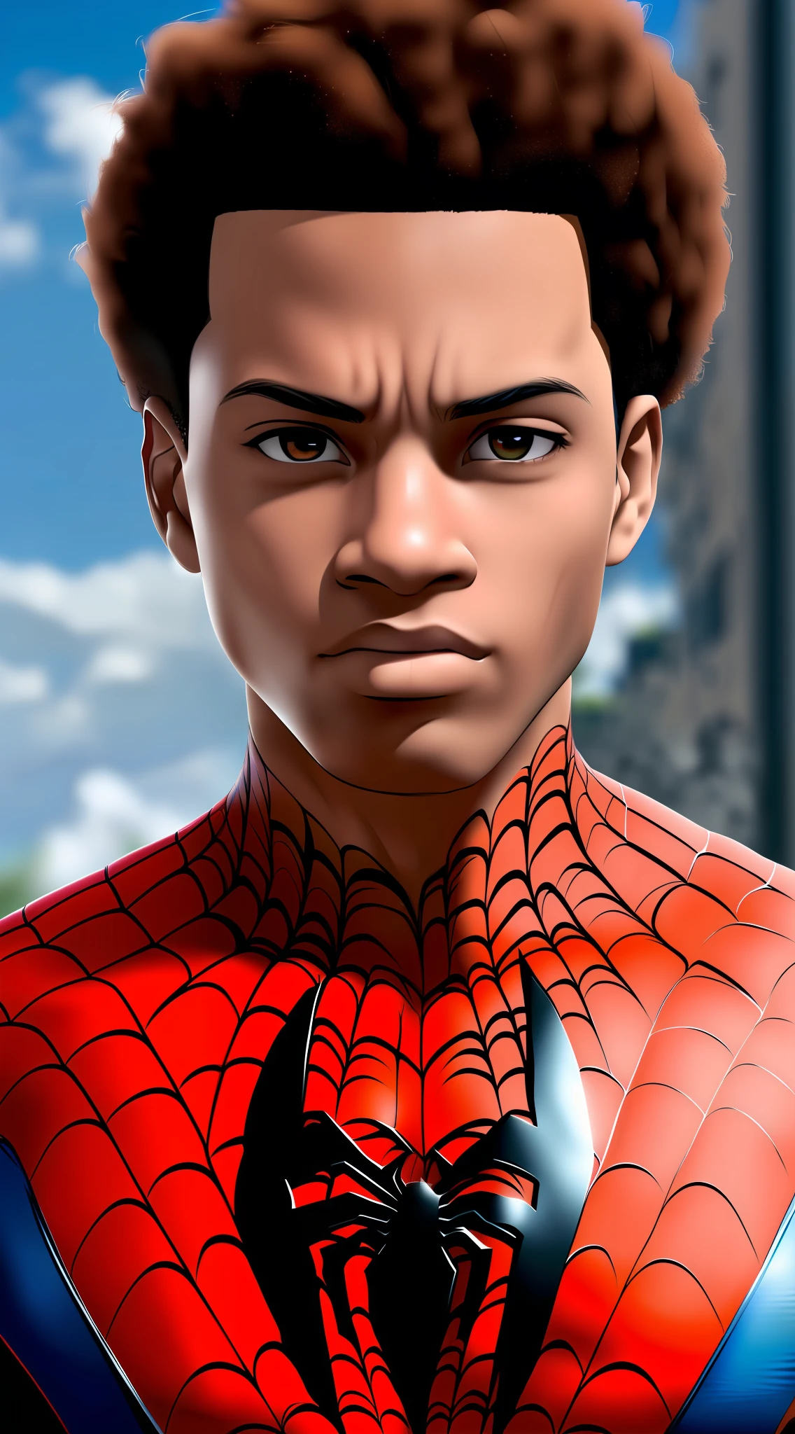 Best quality, masterpiece, high resolution, 1 male, miles morales, spiderman,, curly hair, Tindal effect,ism realism, dark studio, edge light, two-tone light, (high-detail skin: 1.2), 8K UHD, DSLR, soft light, high quality, volumetric light, photo, resolution high 4K,8K, clear background,